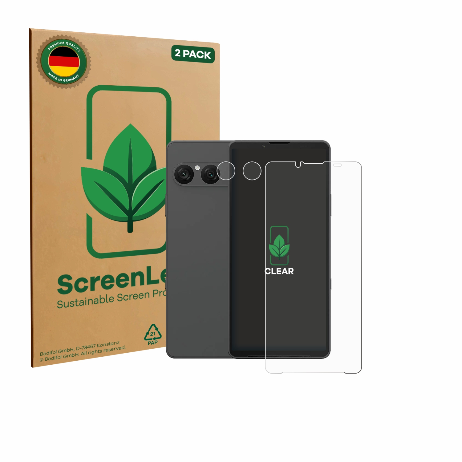 Ein Telefon und ein Displayschutz befinden sich neben einem Karton mit einem Blattlogo und dem Text: 'ScreenLe Sustainable Screen Pro'.