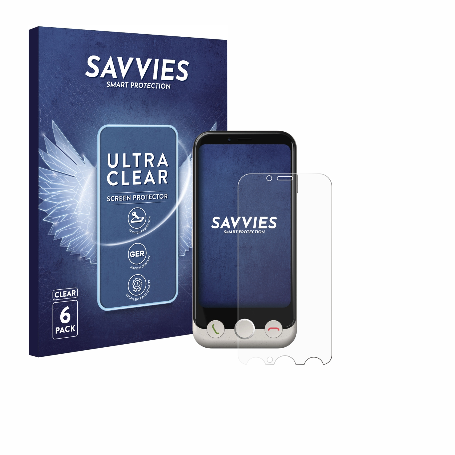Ein Telefon und ein Displayschutz befinden sich neben einer Schachtel. Die Schachtel und das Telefon tragen den Markennamen SAVVIES.