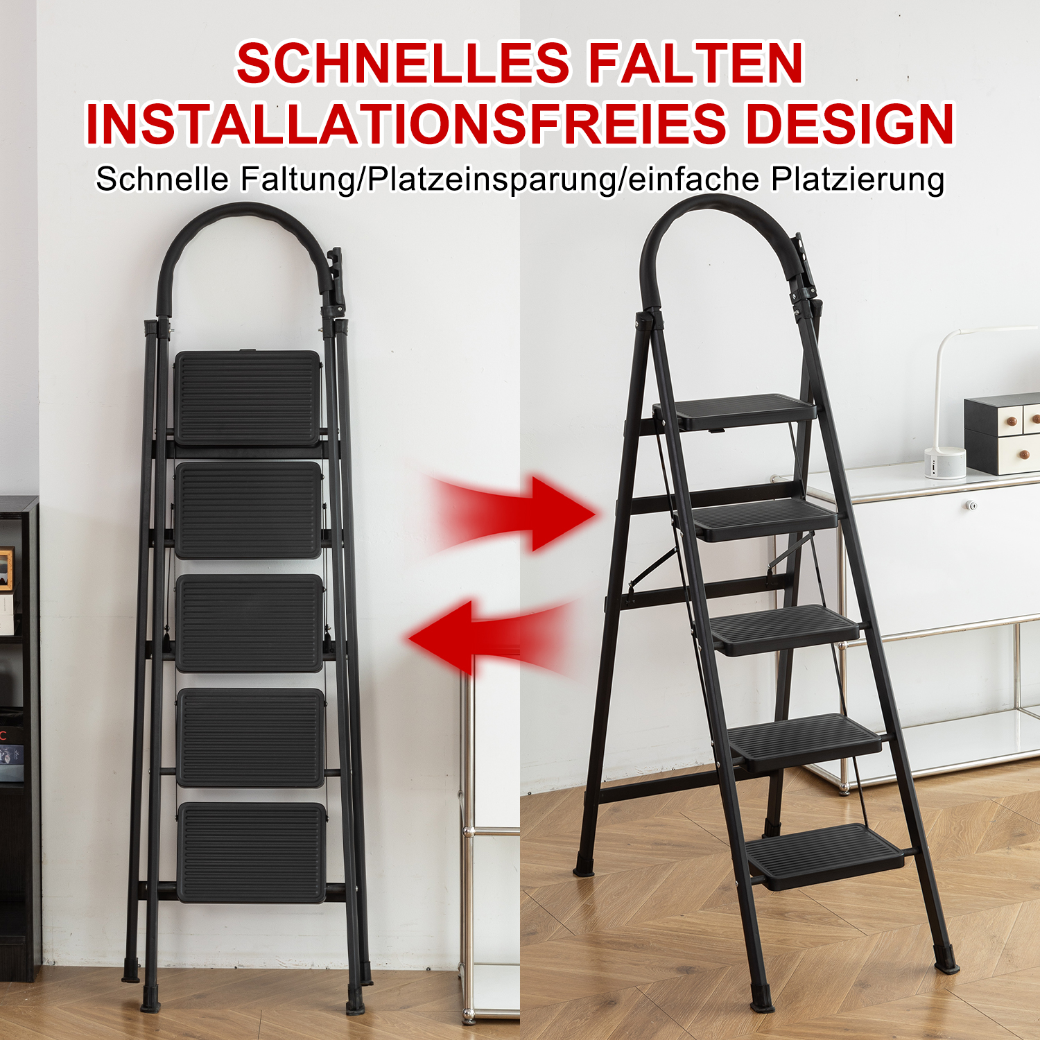 Eine zusammenklappbare schwarze Trittleiter ist in zwei Positionen abgebildet, zusammengeklappt und offen, mit roten Pfeilen.