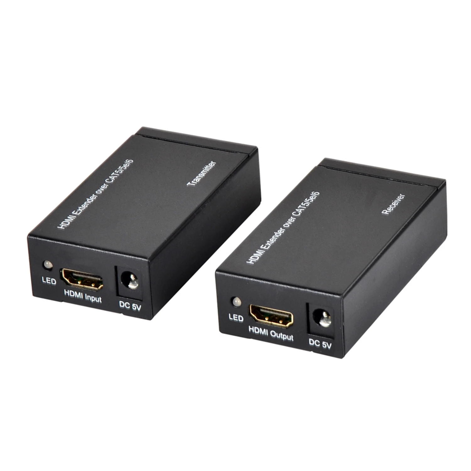 Twee zwarte HDMI-extenders, gelabeld 'Zender' en 'Ontvanger'. Elk heeft HDMI- en DC 5V-poorten, met respectievelijk 'HDMI Input' en 'HDMI Output'.