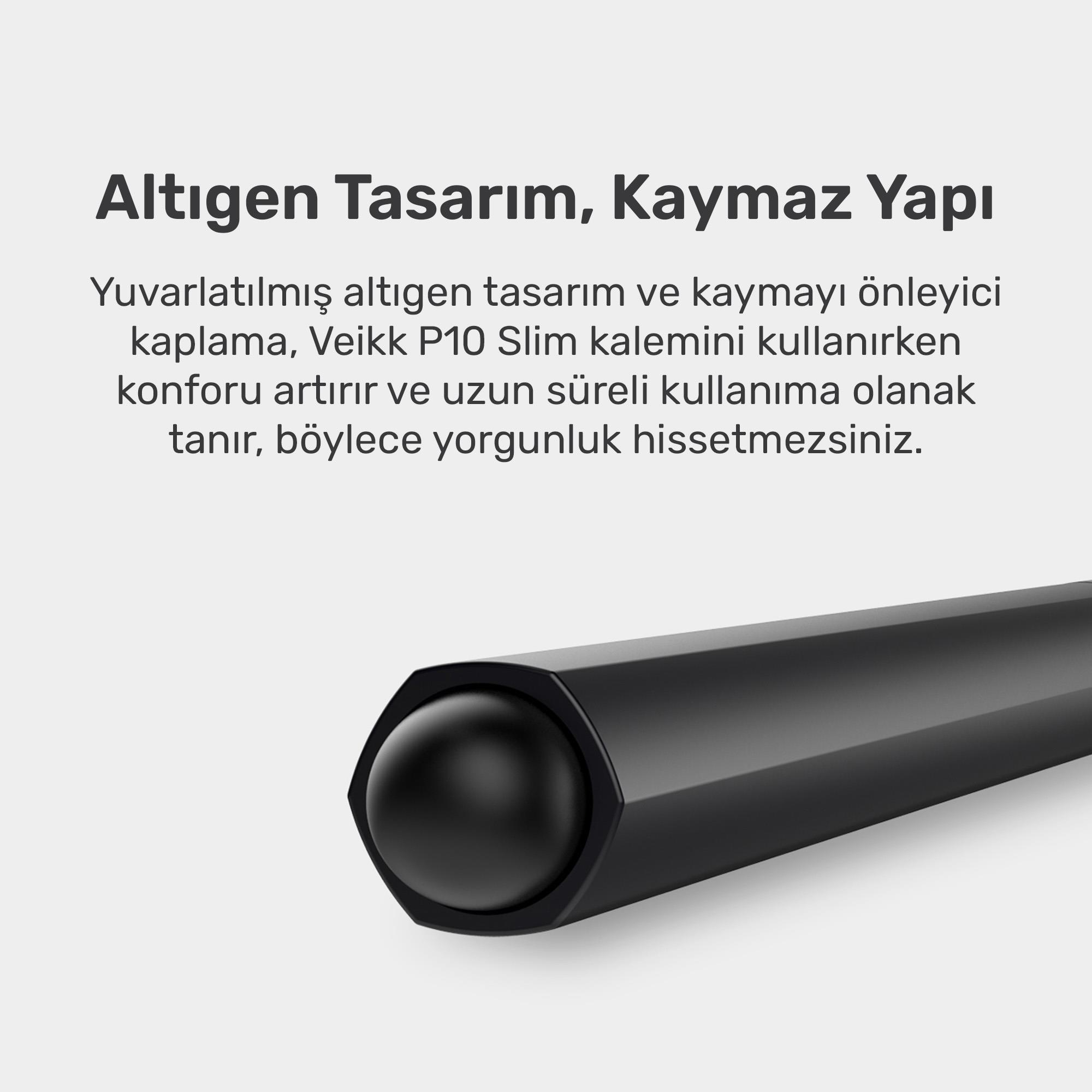 Siyah, altıgen kalem ucu. Türkçe metin, tasarım ve tutuş reklamı.