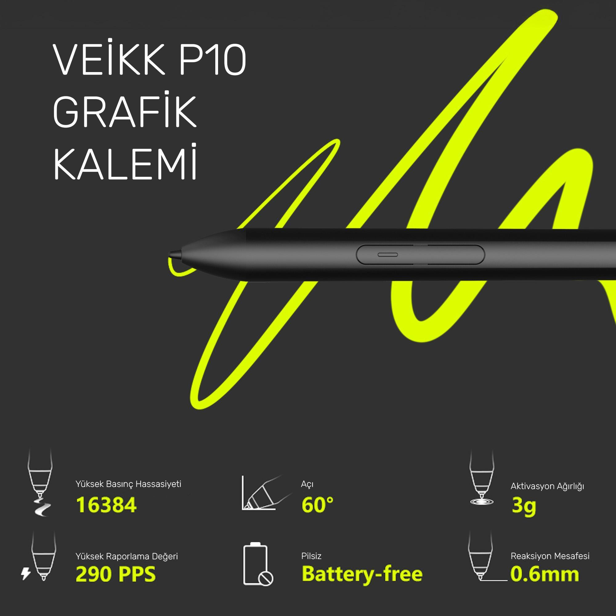 16384 basınç seviyesi, 60° açı, pilsiz ve 0,6 mm tepki mesafesi gibi özelliklere sahip bir grafik kalemi.
