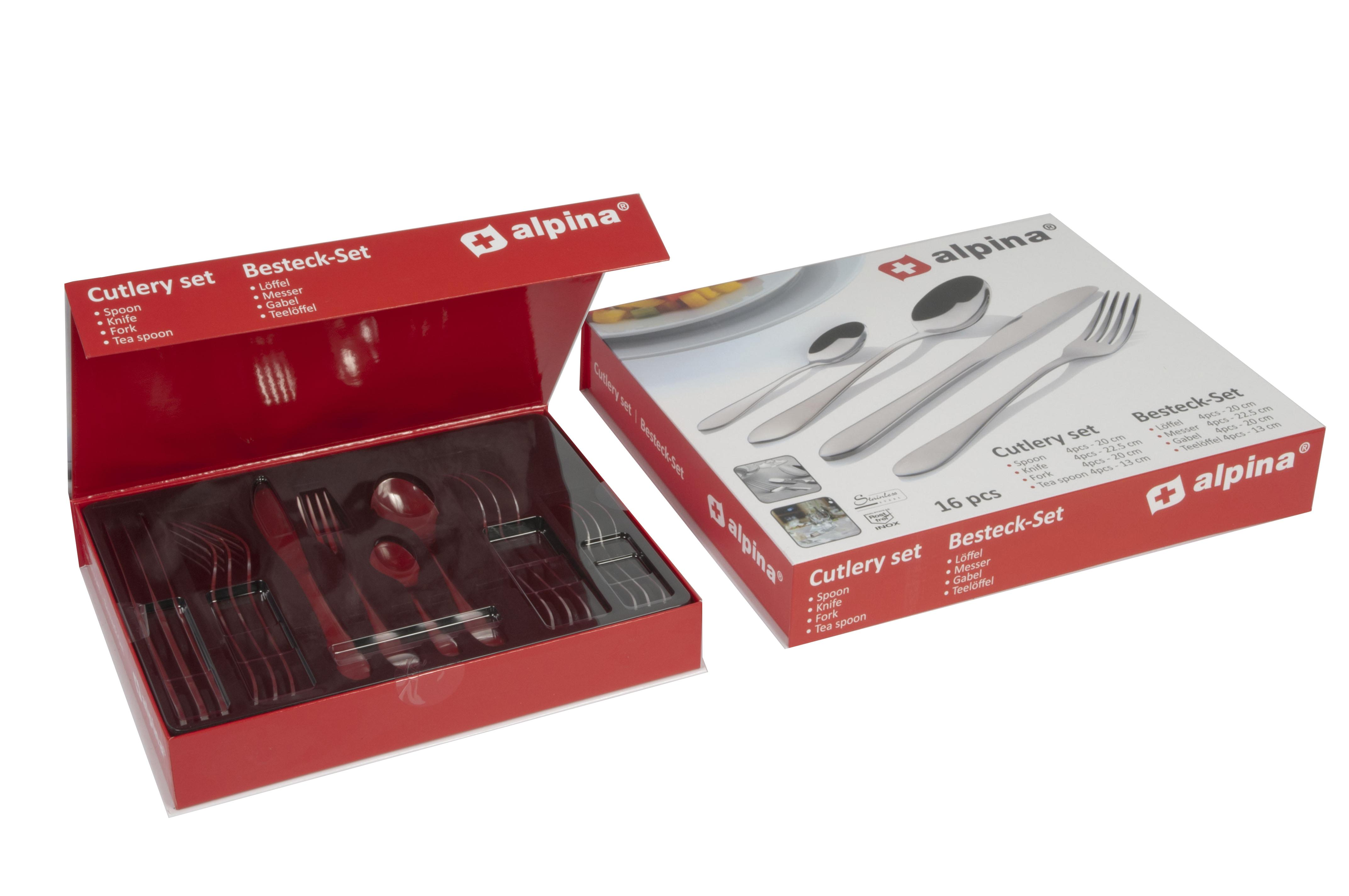 A red cutlery set box with a silver cutlery set inside. The box has the brand alpina.