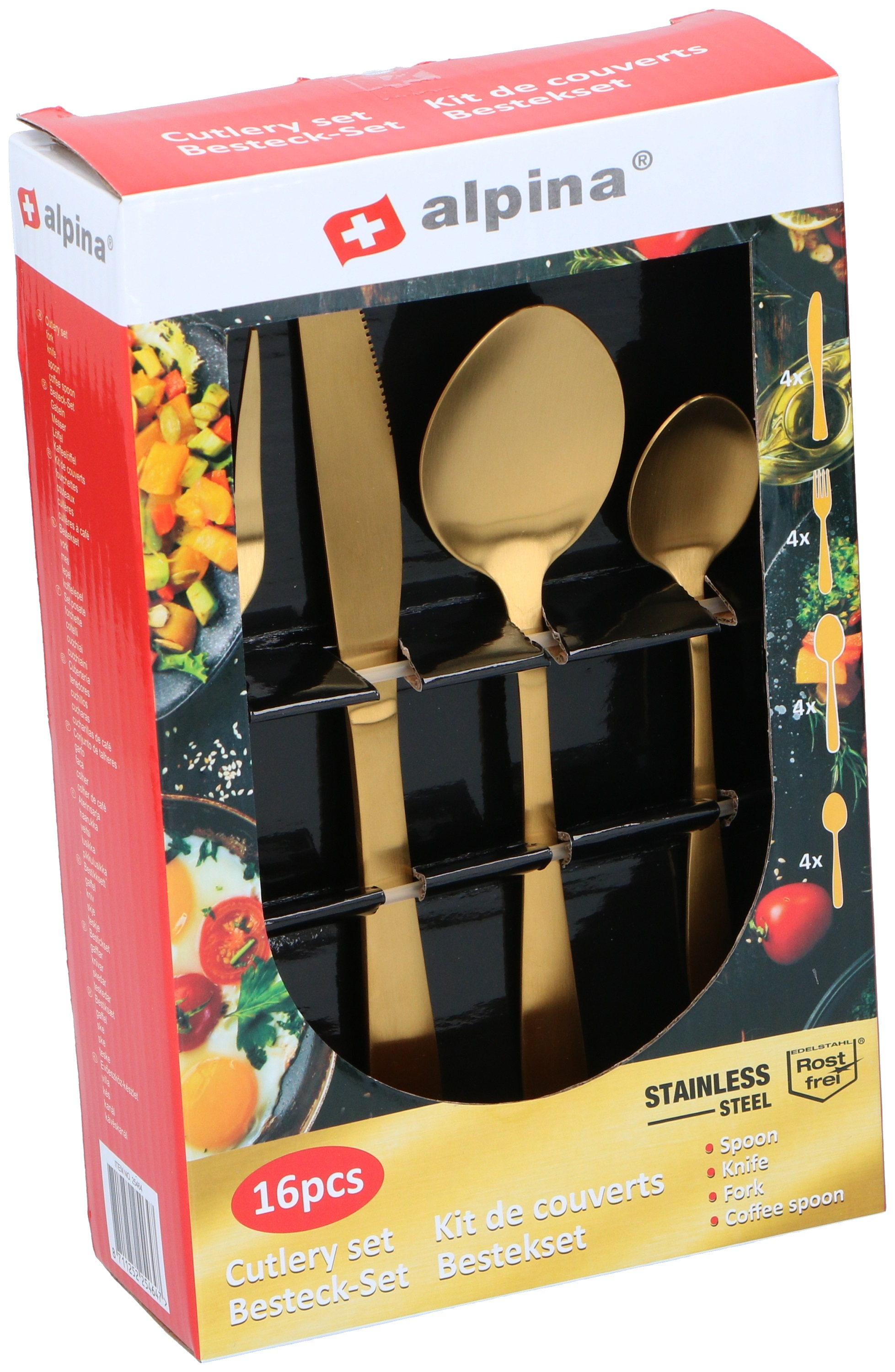 A box of gold cutlery set, with spoons, knives, and forks. The box has text in multiple languages.