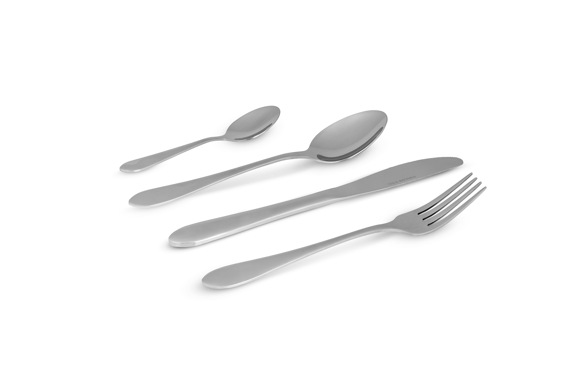 Four pieces of silverware on a white background: two spoons, a knife, and a fork. All are made of shiny metal.