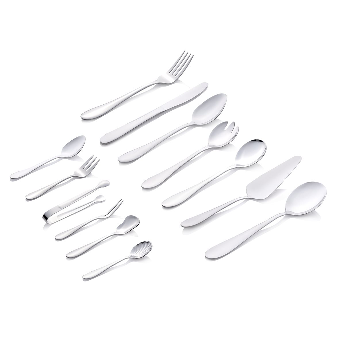 A collection of shiny, silver cutlery including forks, knives, spoons, and a cake server, arranged on a white background.