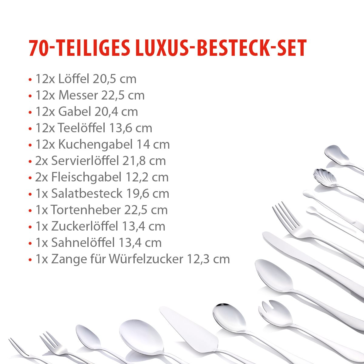 Image shows a 70-piece luxury cutlery set. Includes spoons, knives, forks, and other serving utensils, with measurements listed.