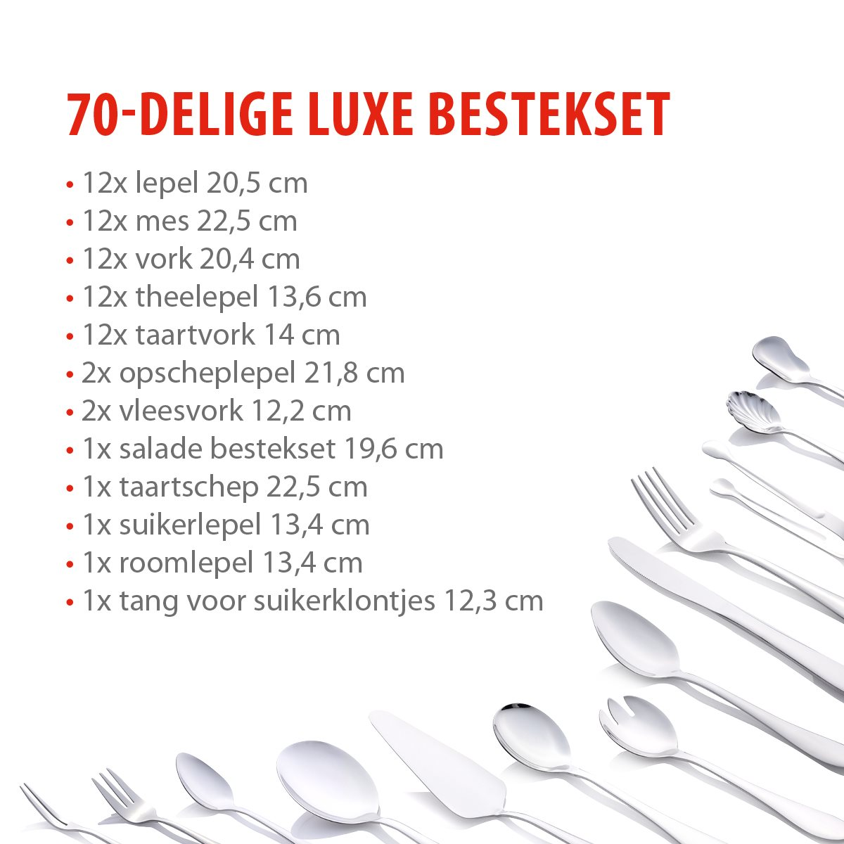 Image shows a 70-piece luxury cutlery set. Text lists items like spoons, forks, knives, and serving utensils. Silverware is displayed.