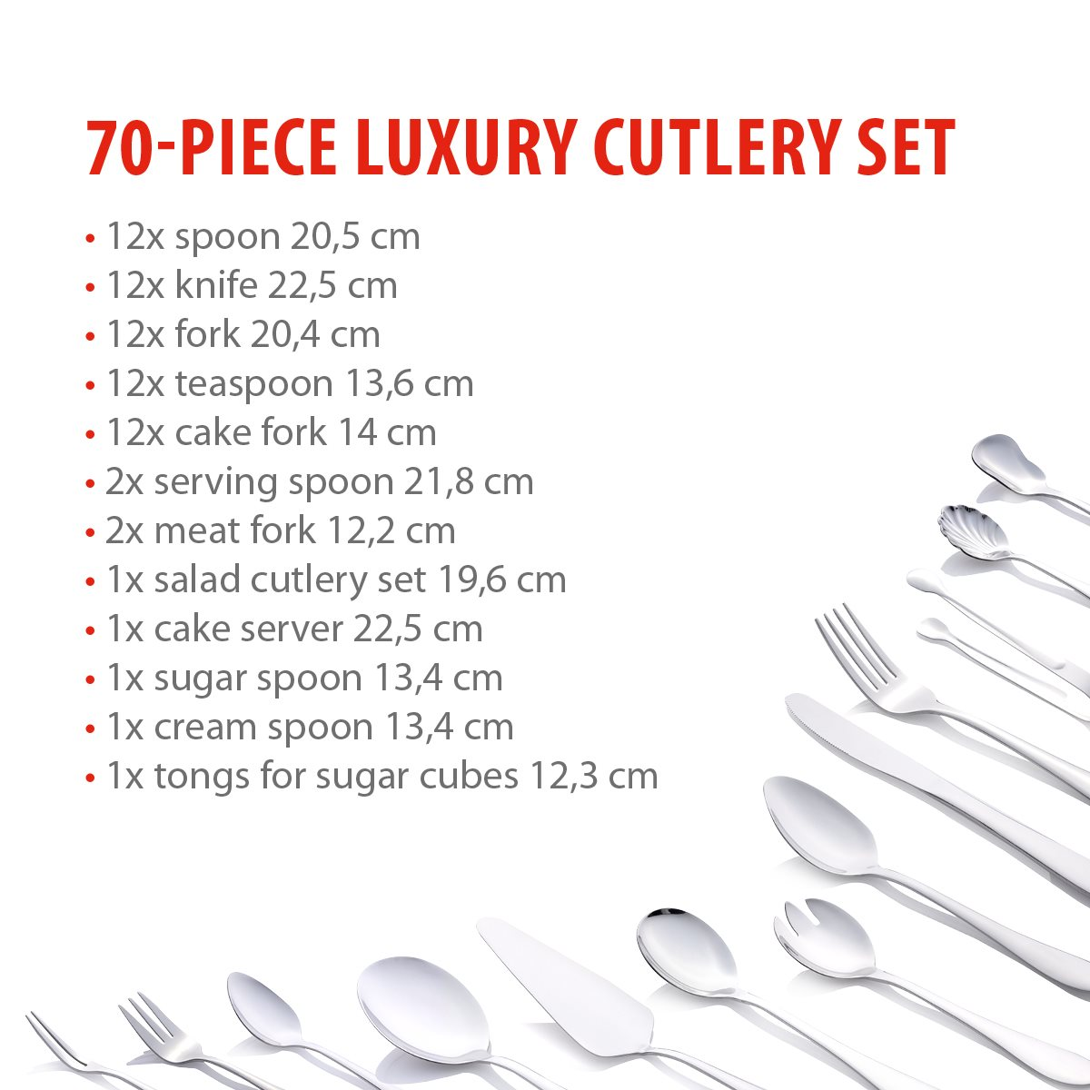 A 70-piece luxury cutlery set is displayed. Various spoons, forks, knives, and serving utensils are shown, some in detail.