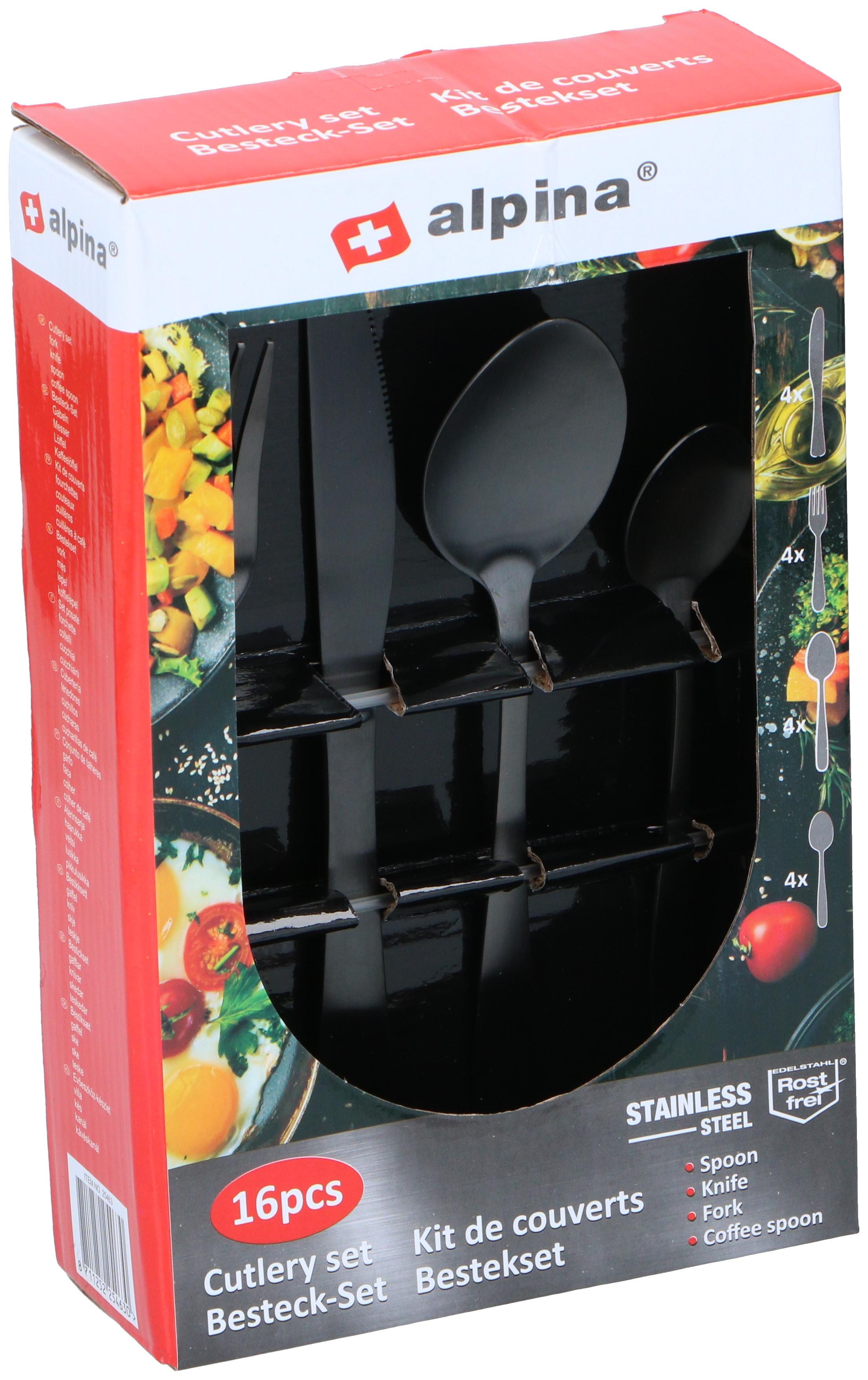 A cutlery set box. Black cutlery is visible inside. The box has red and white details and food images.