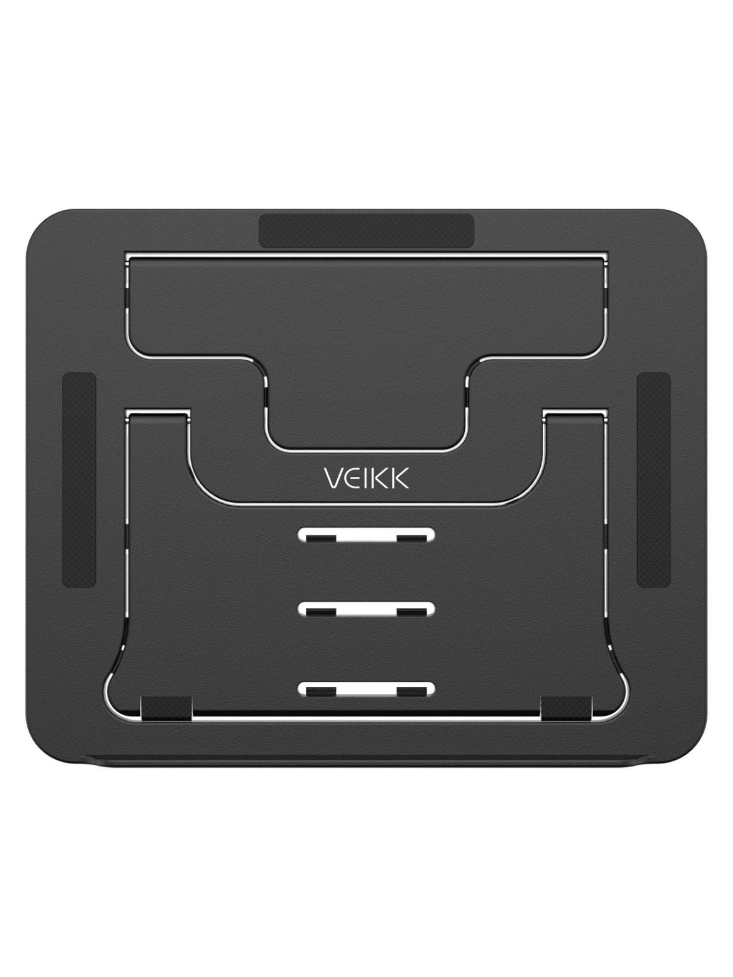 Beyaz hatlara ve VEIKK markasına sahip, koyu gri bir tablet standı. Dikdörtgen şeklinde ve katlanabilir parçalara sahip.