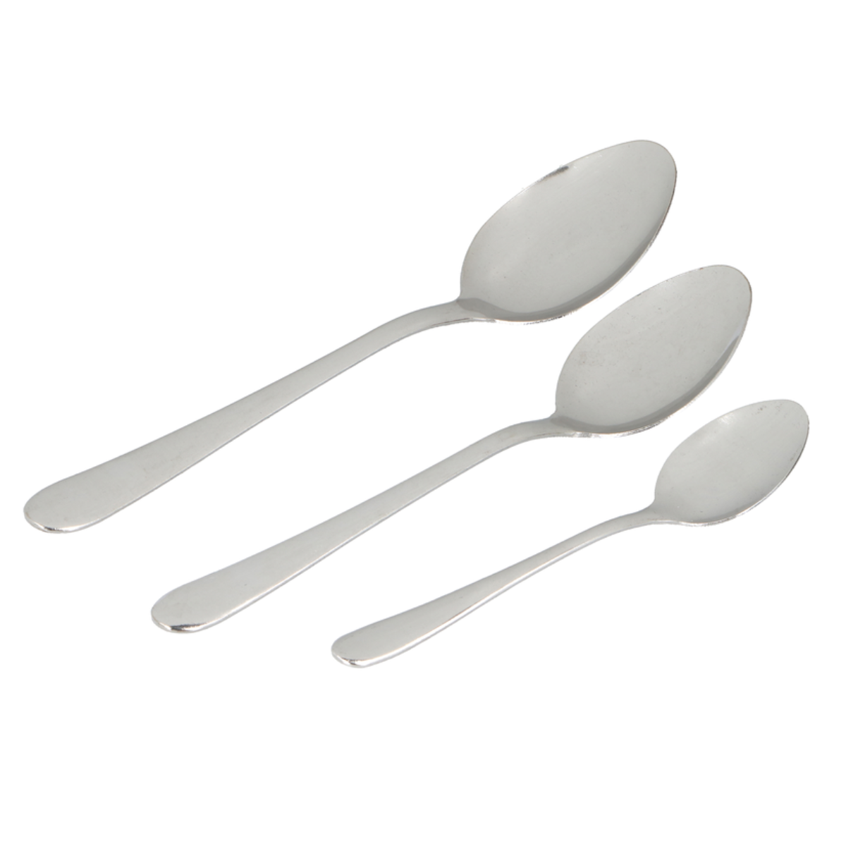 Three silver spoons of different sizes are arranged diagonally against a white background.