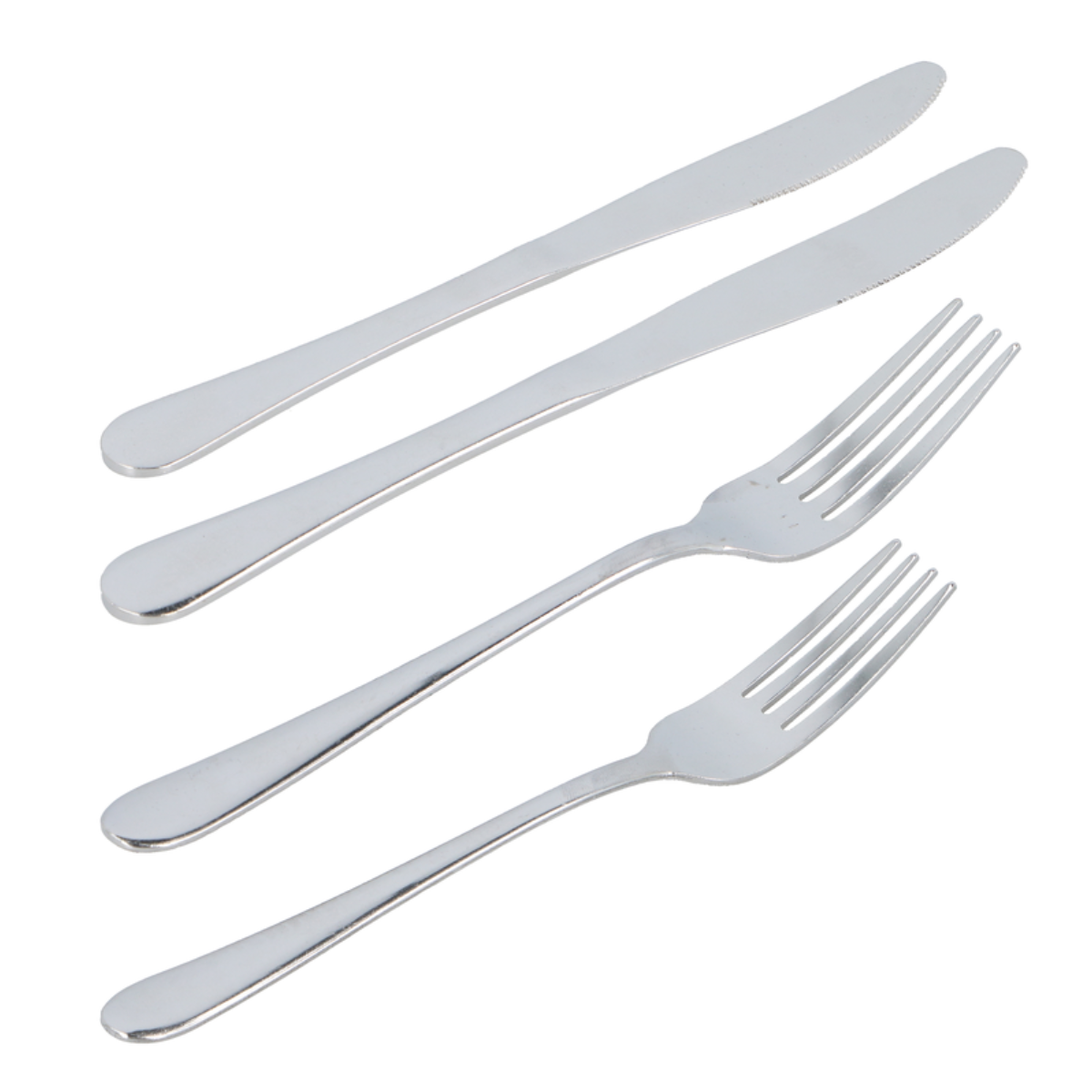 Two knives and two forks are arranged diagonally on a white background. All are stainless steel and appear unused.