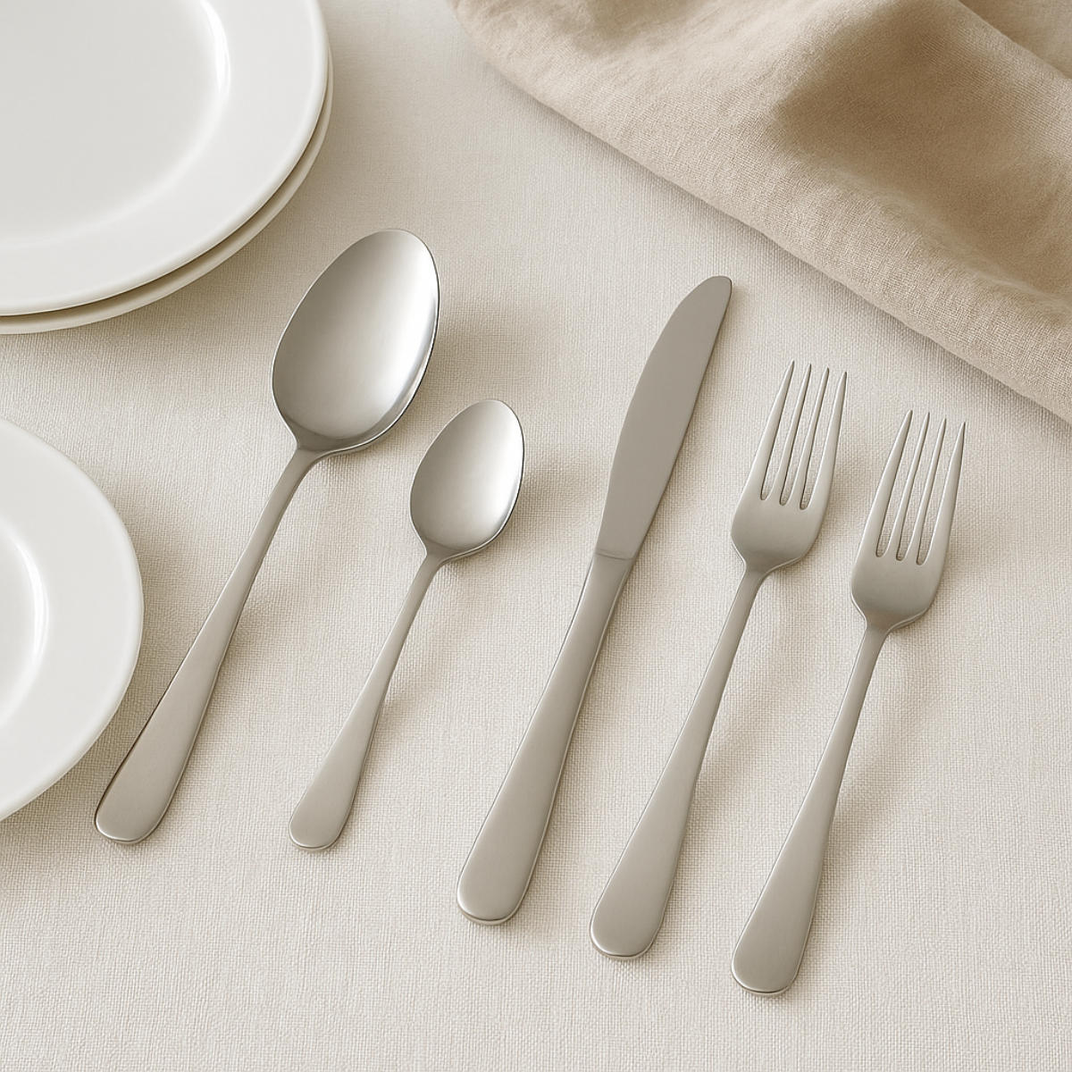 Table setting with silverware, including spoons, a knife, and forks. White plates and a beige napkin are also visible.