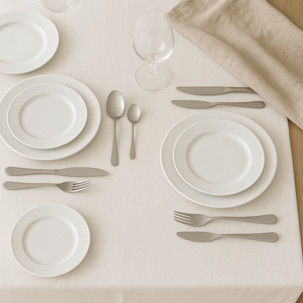 Table setting with white plates, silverware, and wine glasses. Beige tablecloth with a neutral color scheme.