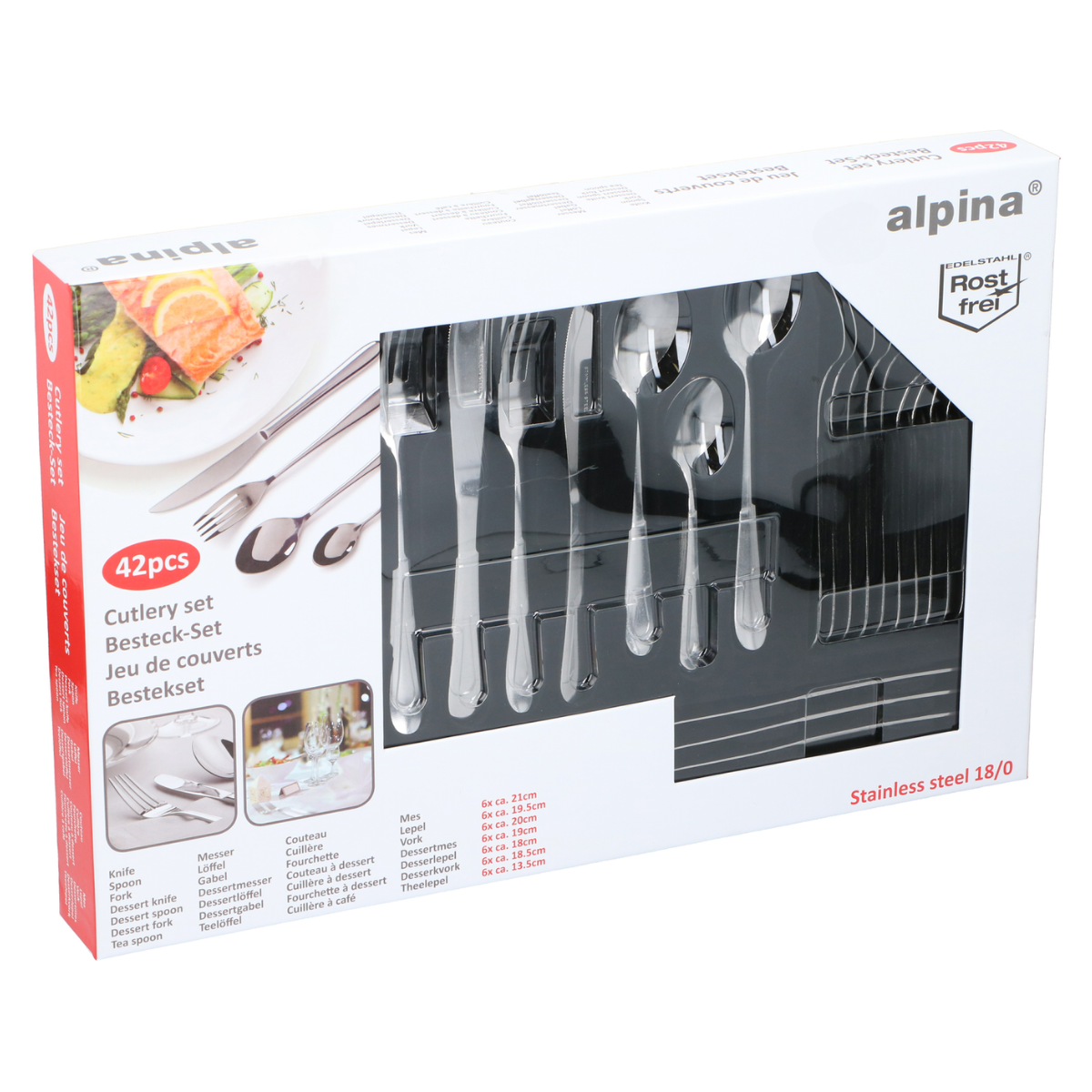 A 42-piece Alpina stainless steel cutlery set in a box. Includes knives, forks, spoons, and dessert utensils.