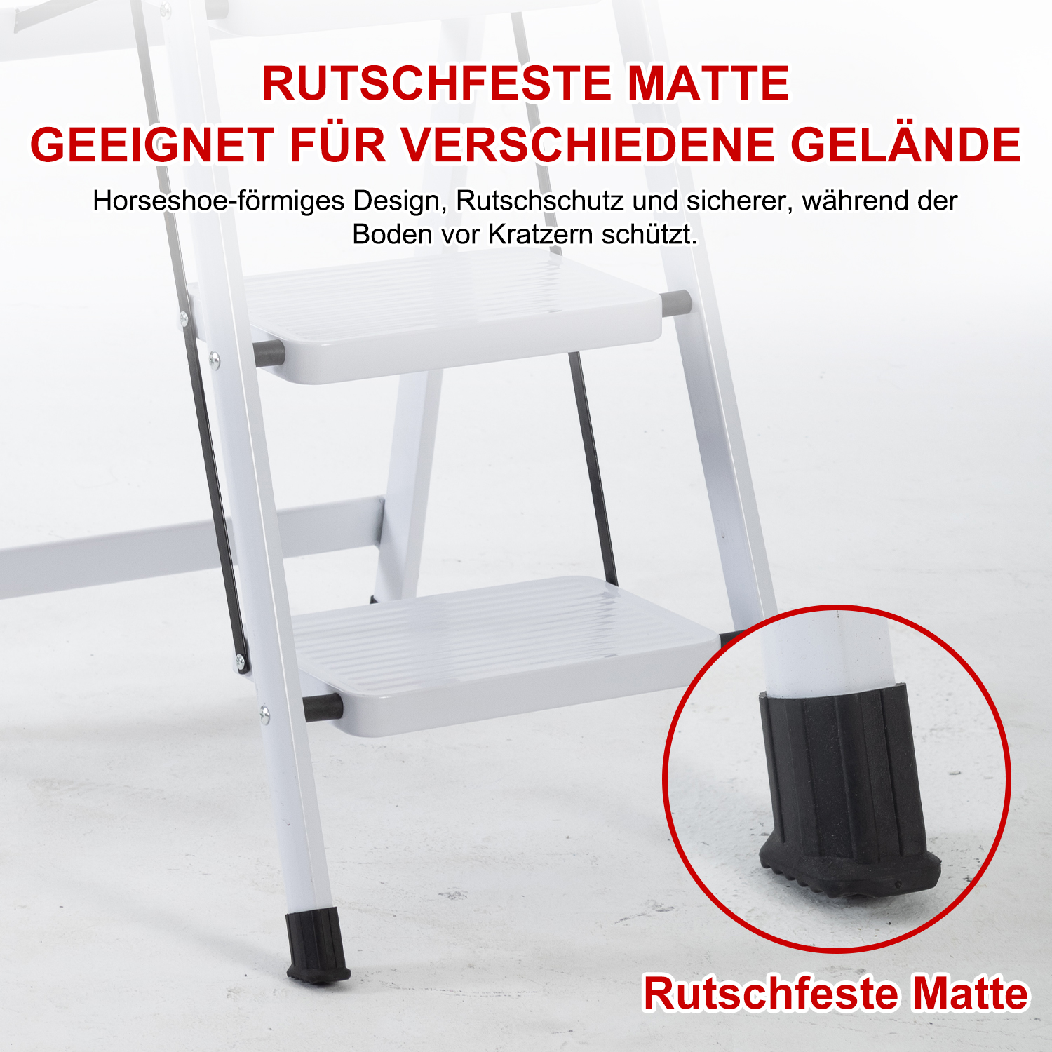 Weiße Trittleiter mit rutschfesten Pads. Text oben und unten in Rot, der die Produktmerkmale und den Verwendungszweck hervorhebt.