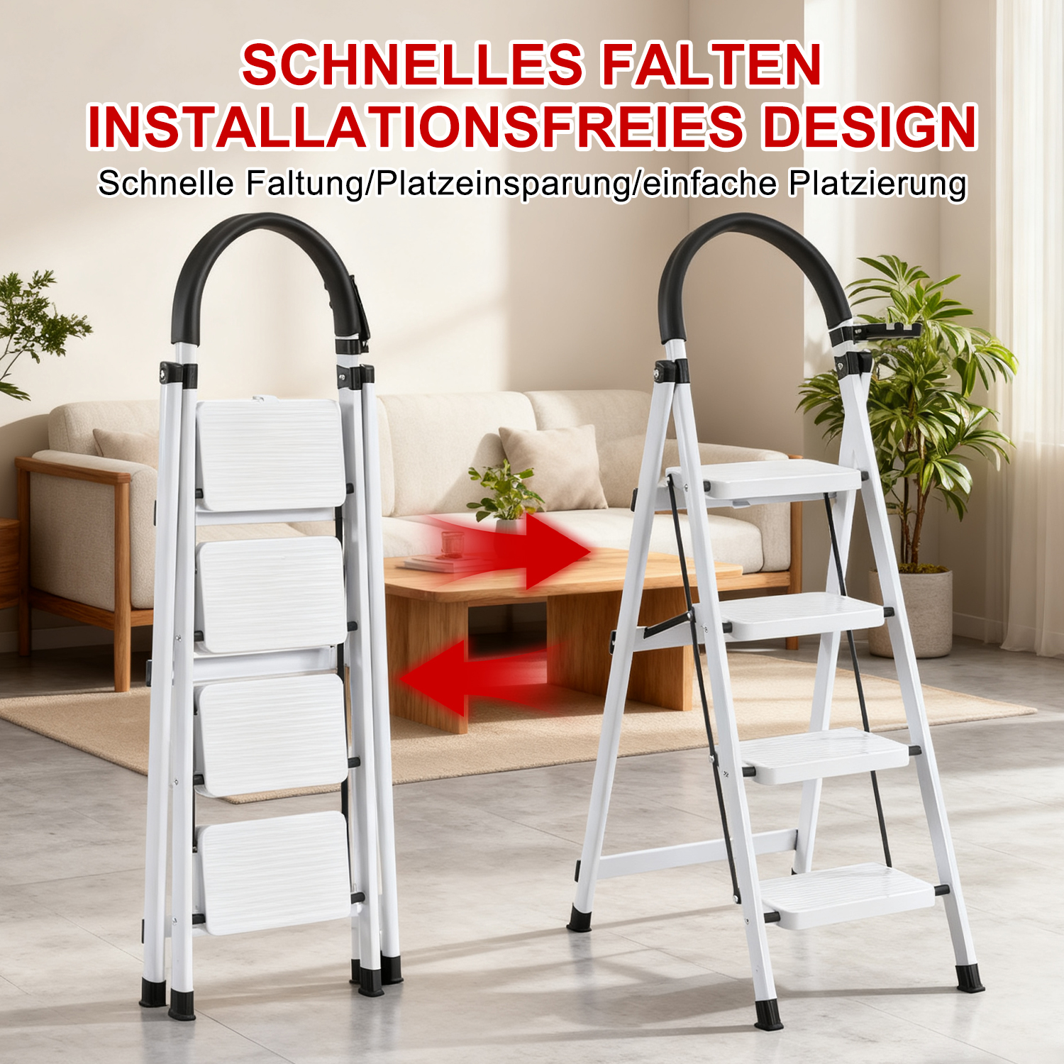 Zwei weiße Stehleitern, eine zusammengeklappt, eine offen. Rote Pfeile zeigen die Faltaktion an. Text auf Deutsch oben. Wohnzimmerhintergrund.