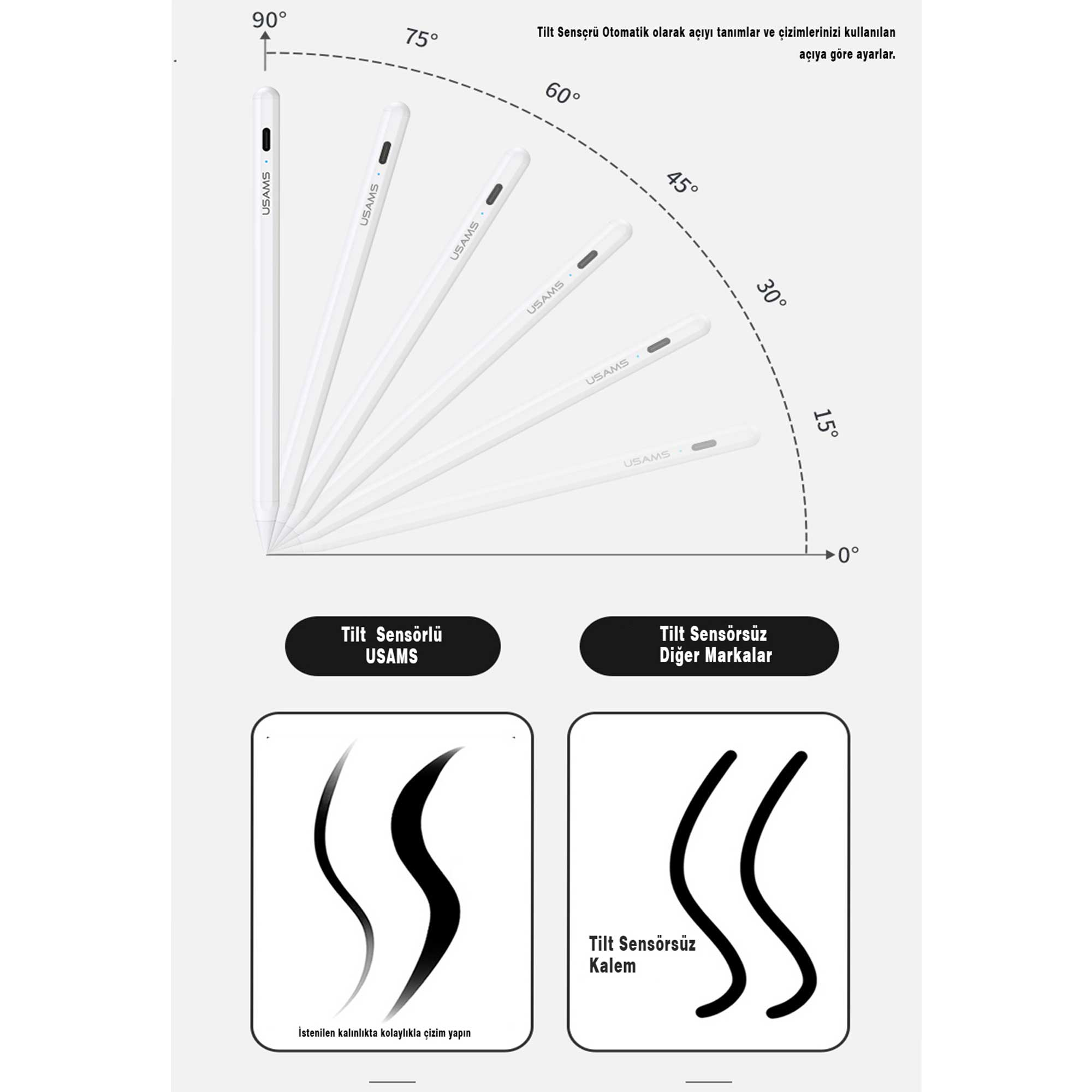 Diagramma che mostra stilo a varie angolazioni, con etichette di testo ed esempi di spessore del tratto.