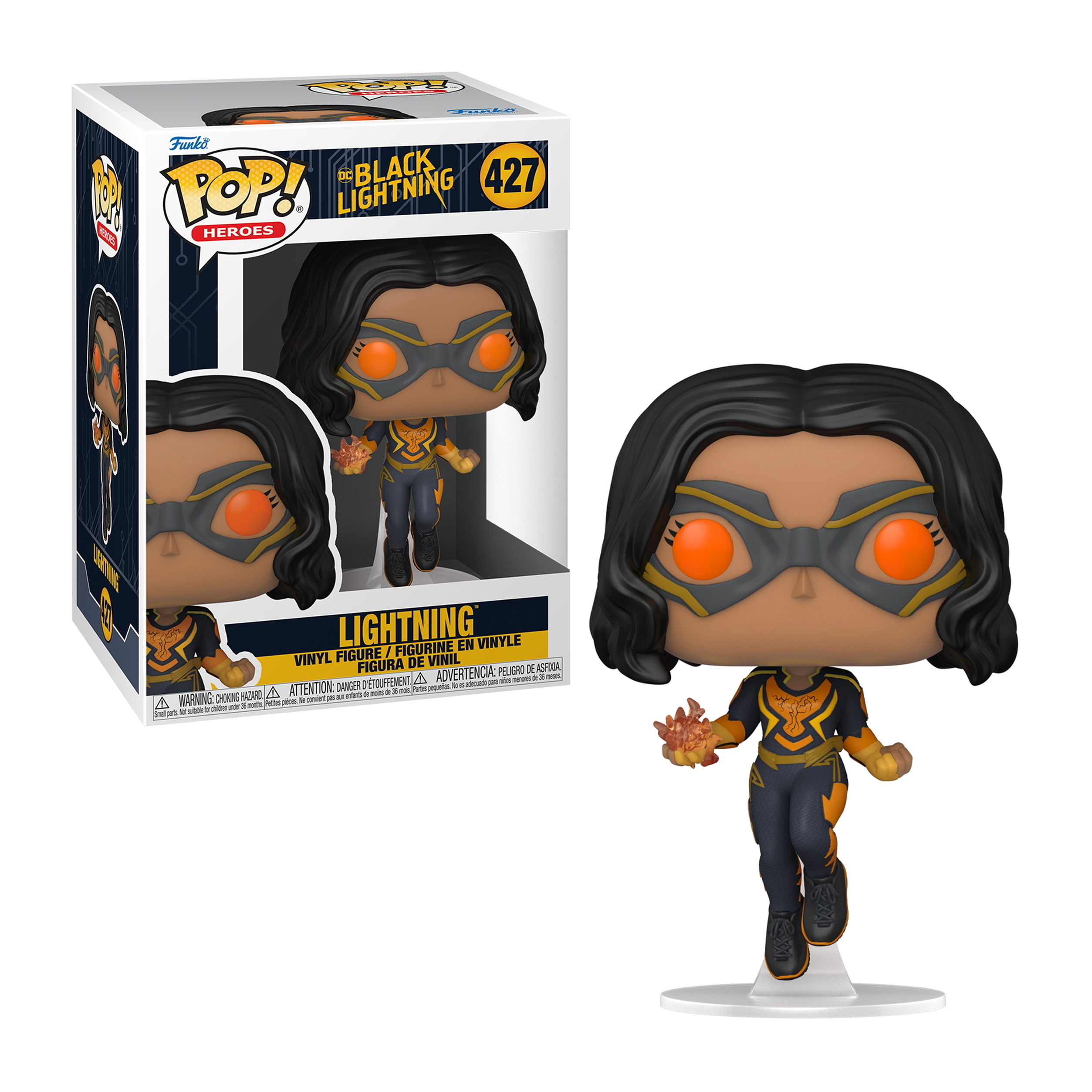 Figura Funko Pop de Black Lightning. Lleva un disfraz y una máscara. La caja está en el fondo.