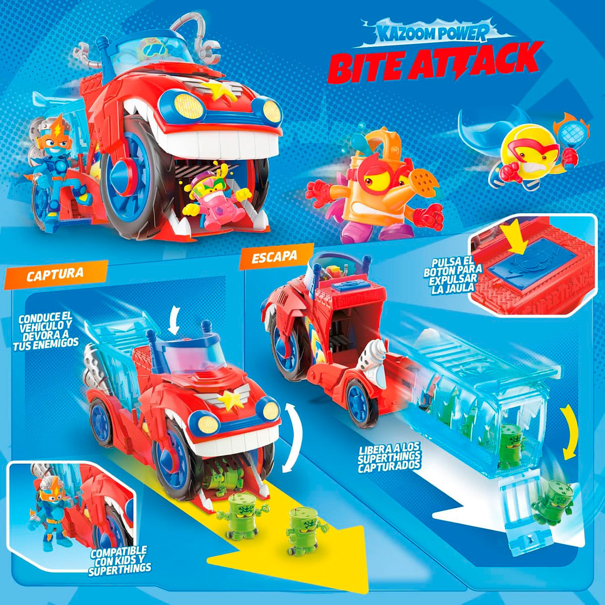 Un coche de juguete rojo con figuras. Tiene un tema de ataque de mordisco, con un concepto de captura y escape. El fondo es azul.