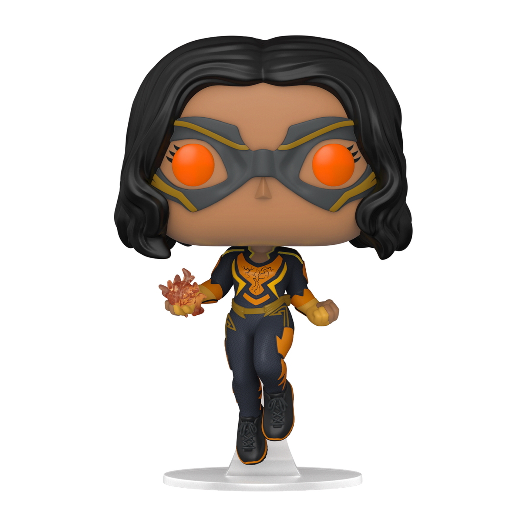 Una figura Funko Pop de una superheroína con cabello oscuro, máscara, ojos naranjas y traje. Sostiene fuego y está sobre un soporte blanco.
