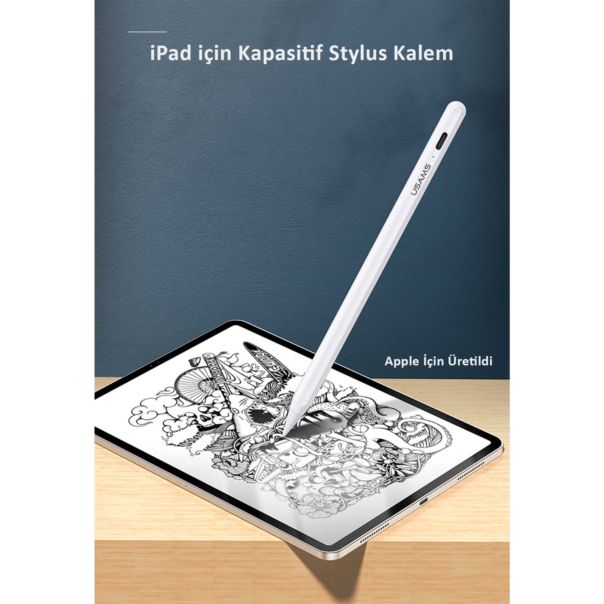 Una penna stilo bianca su un iPad. L'iPad è su una superficie di legno. Sfondo blu con testo.