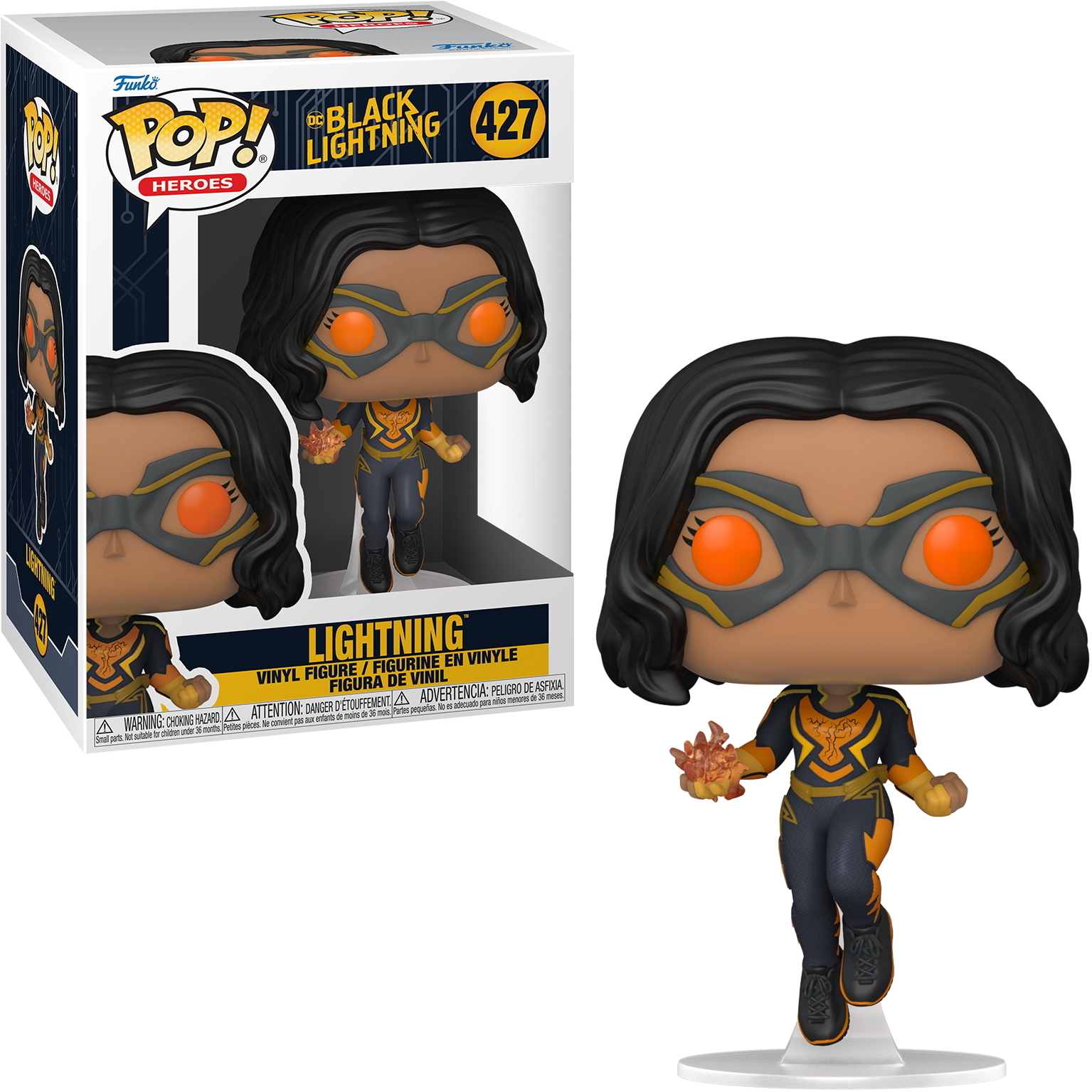 Una figura de Funko Pop de Black Lightning. La figura tiene un traje negro y amarillo, sosteniendo un efecto de fuego. Está en una caja.