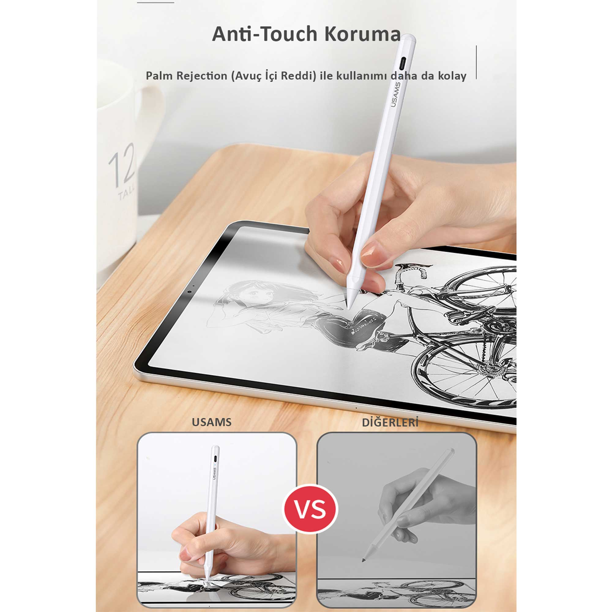 Una mano tiene uno stilo bianco sopra un tablet. Il tablet mostra un disegno di bicicletta.
