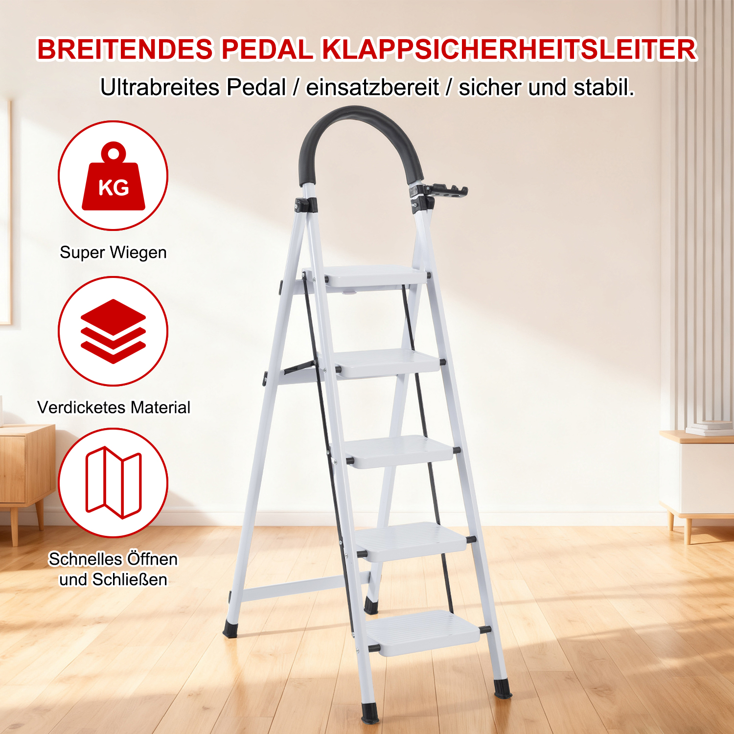 Eine weiße Klapptrittleiter mit schwarzen Akzenten steht auf einem Holzboden. Text und Symbole heben Eigenschaften hervor.