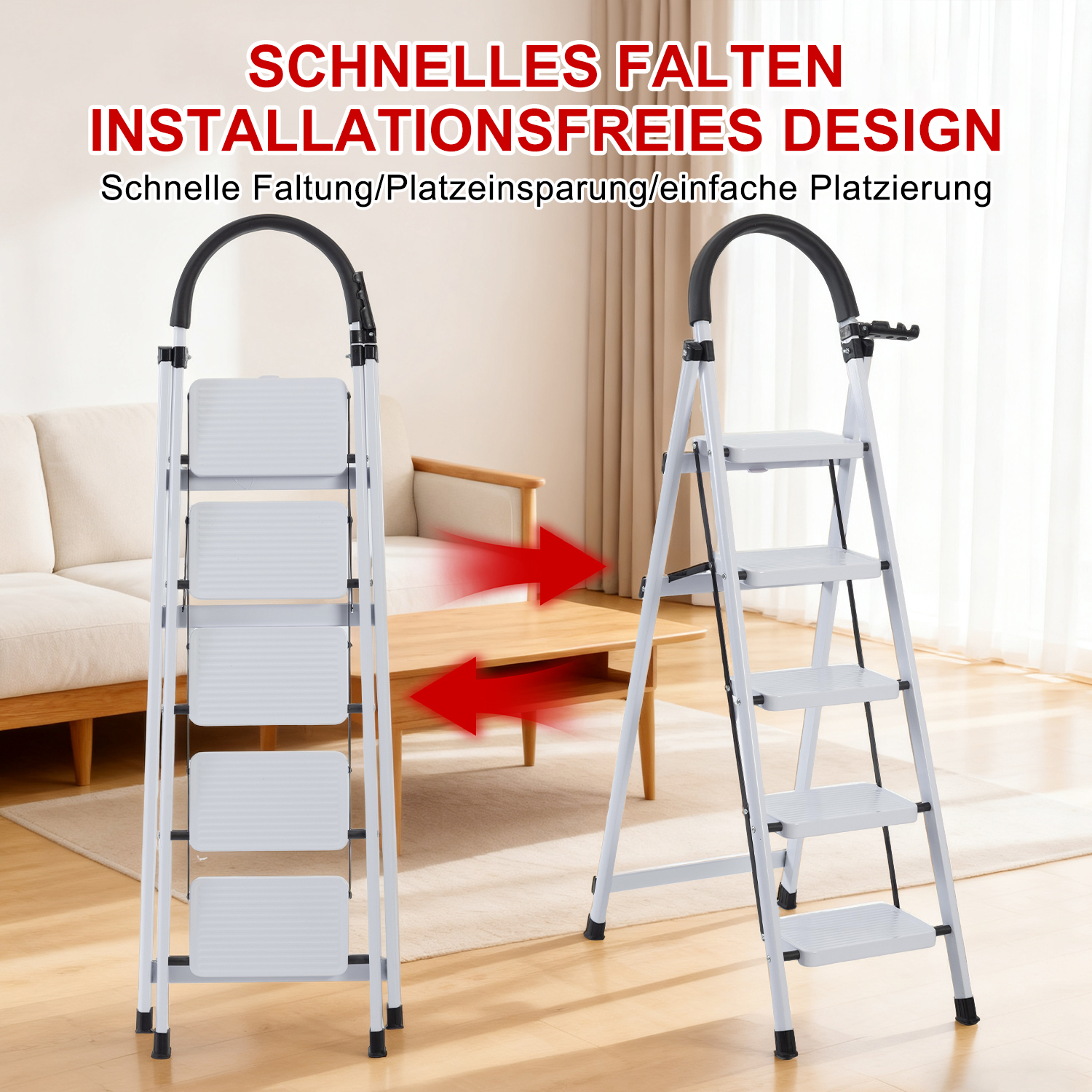Zwei weiße Klappleitern mit schwarzen Griffen, ein Sofa, ein Couchtisch und Text auf Deutsch. Rote Pfeile zeigen die Faltrichtung.