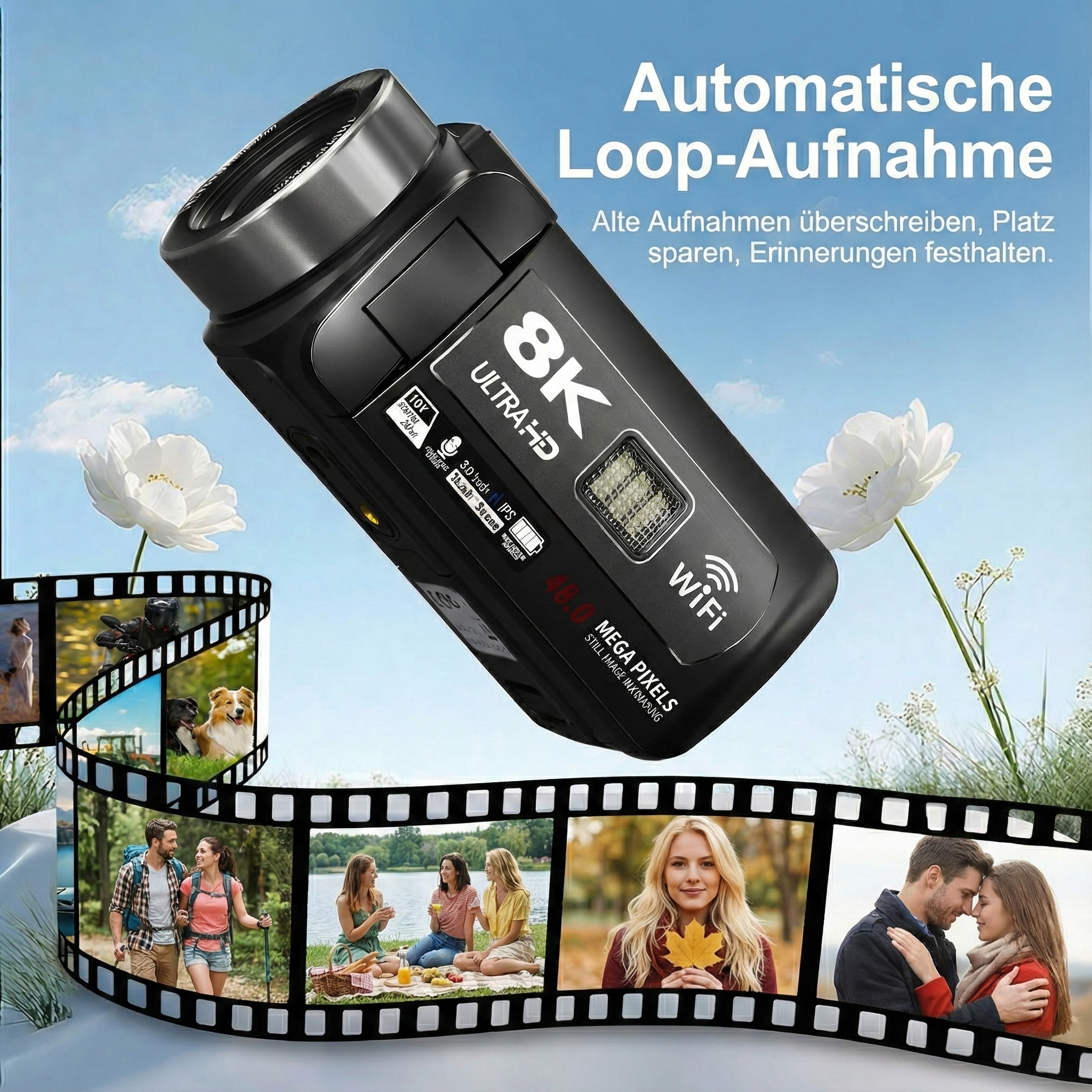 Eine schwarze 8K Ultra HD Kamera mit Filmstreifen, weißen Blumen und Text auf blauem Himmel.