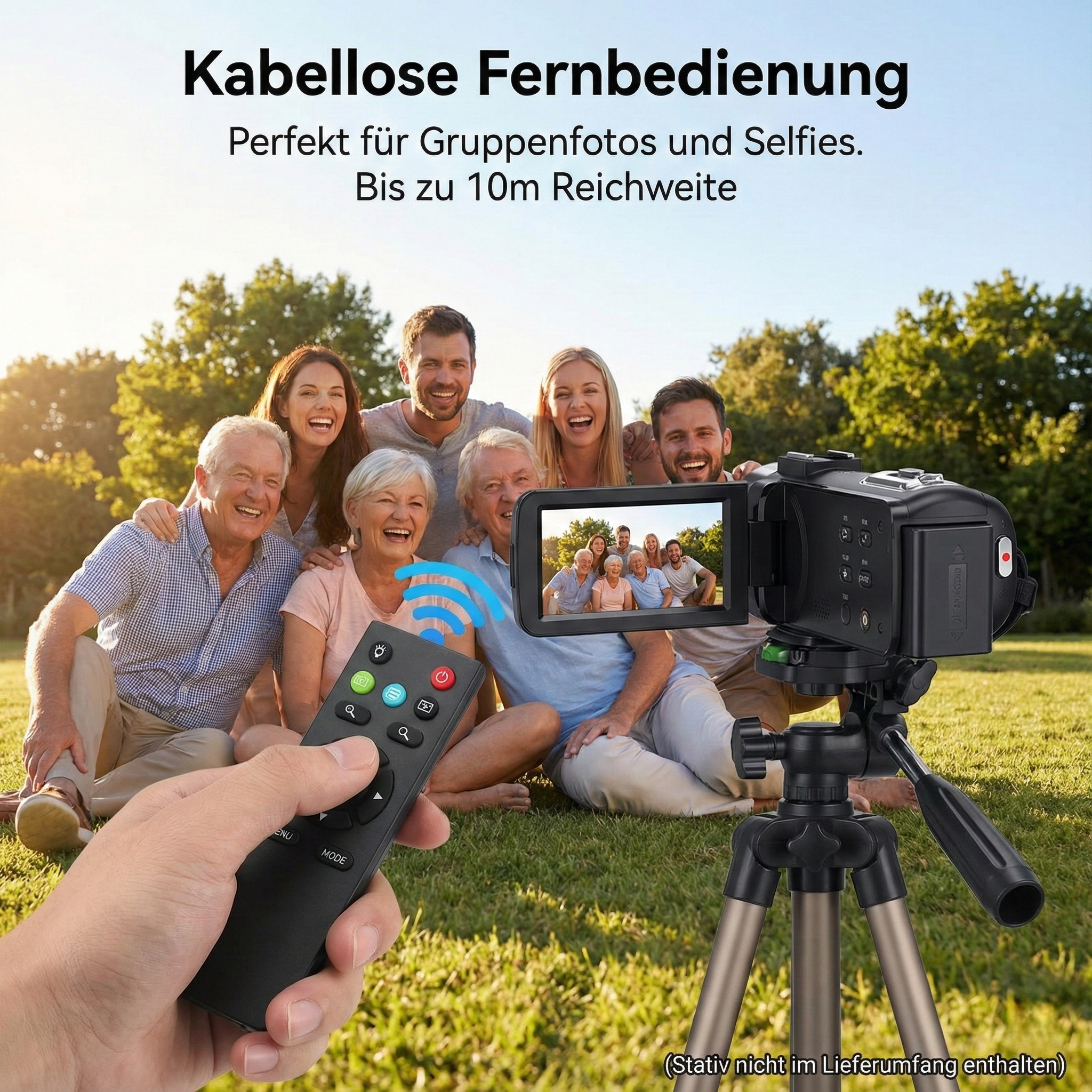 Eine Gruppe von Menschen lächelt in einem Park. Eine Fernbedienung und eine Kamera auf einem Stativ sind sichtbar.
