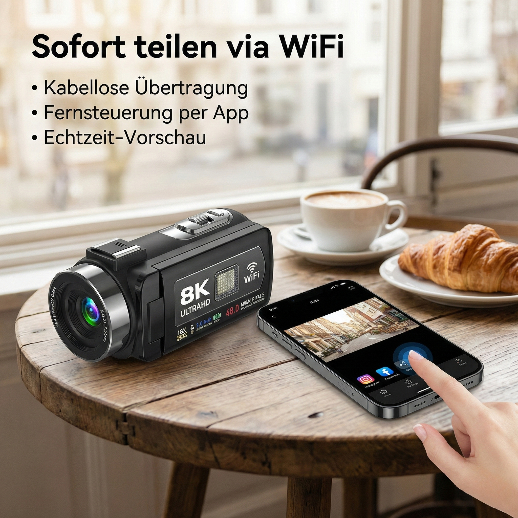 Kamera, Smartphone mit Straßenansicht, Kaffee und Croissant auf Holztisch. WLAN-Sharing wird beworben.