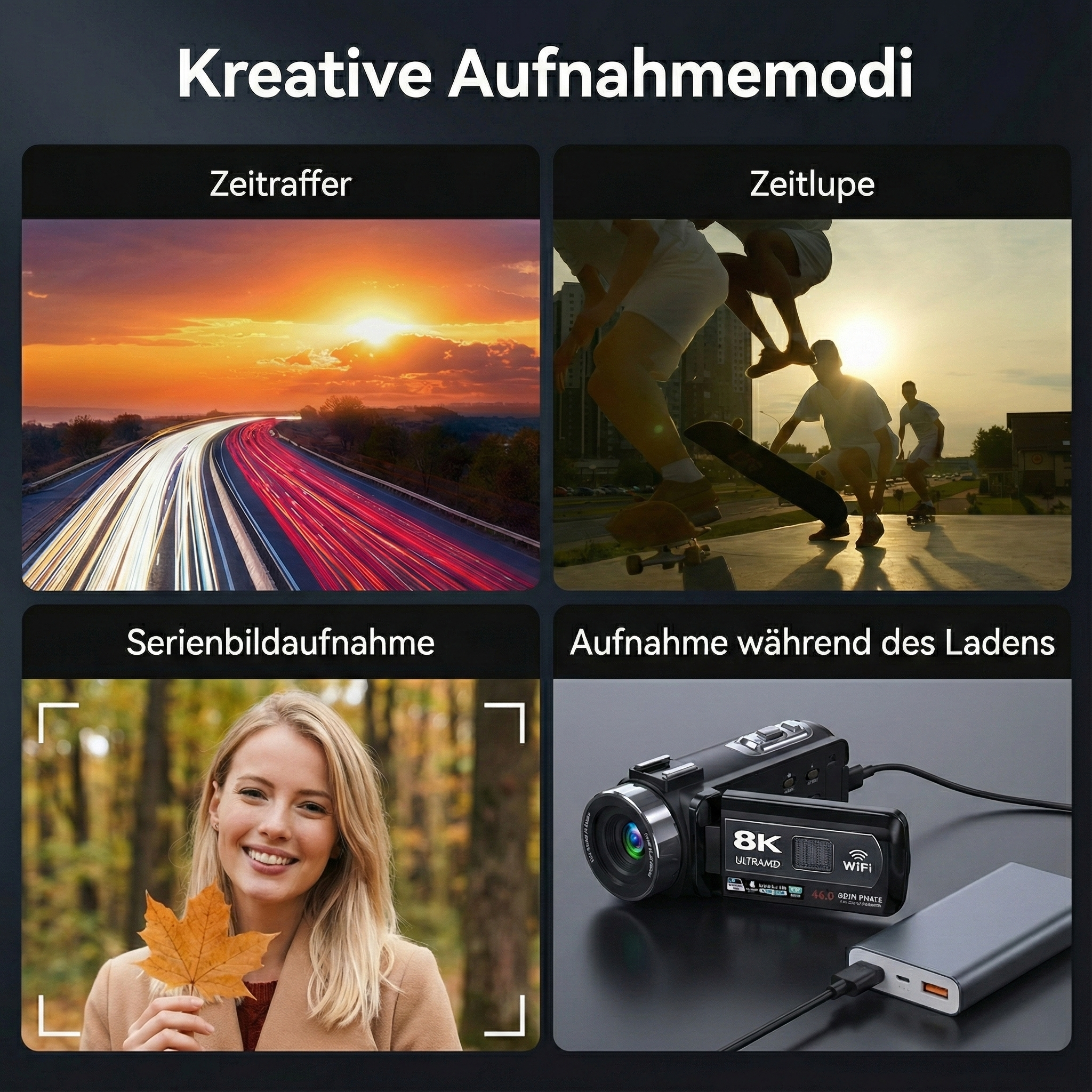 Das Bild zeigt kreative Aufnahmemodi: Zeitraffer, Zeitlupe, Serienaufnahme und Lademodus mit Kamera und Powerbank.