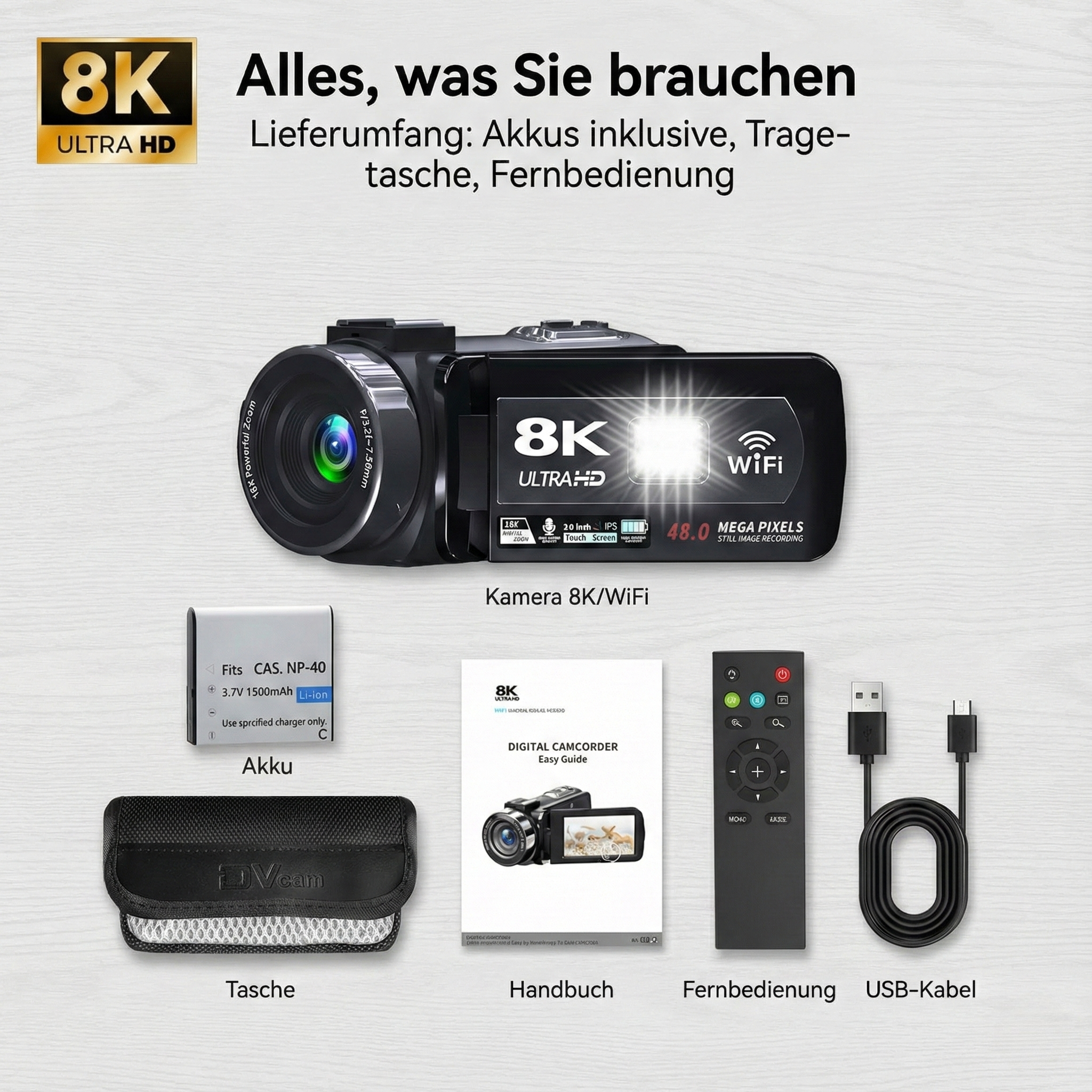 Eine 8K-Kamera mit Zubehör wie Akku, Tragetasche, Fernbedienung, USB-Kabel und Handbuch, alles auf Holzoberfläche.