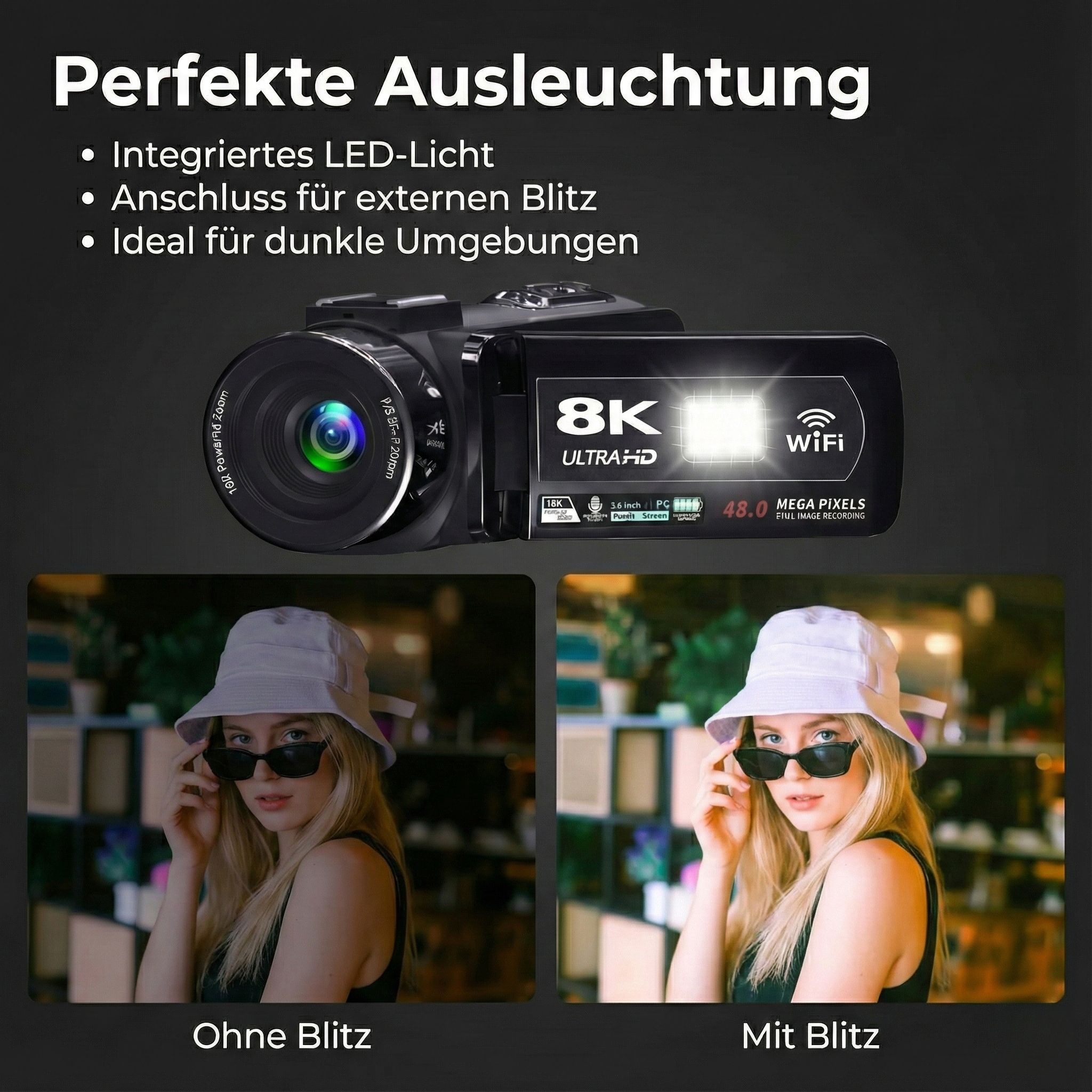 Eine Kamera mit LED-Licht und Blitz, neben zwei Bildern einer Frau mit Sonnenbrille, eines mit und eines ohne Blitz.