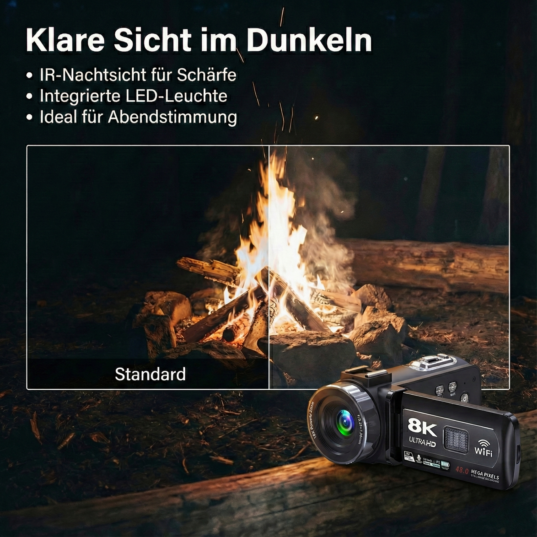 Eine Kamera neben einem Lagerfeuer. Die Kamera hat ein 8K Ultra HD Display. Das Feuer hat orange Flammen.