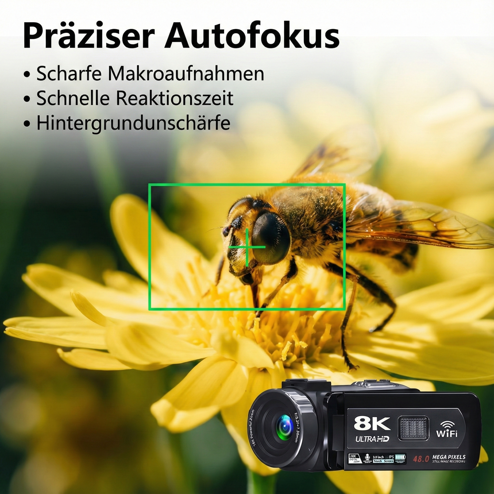 Eine Biene auf einer gelben Blume mit einer Kamera darunter. Text auf Deutsch sagt präziser Autofokus und Funktionen.