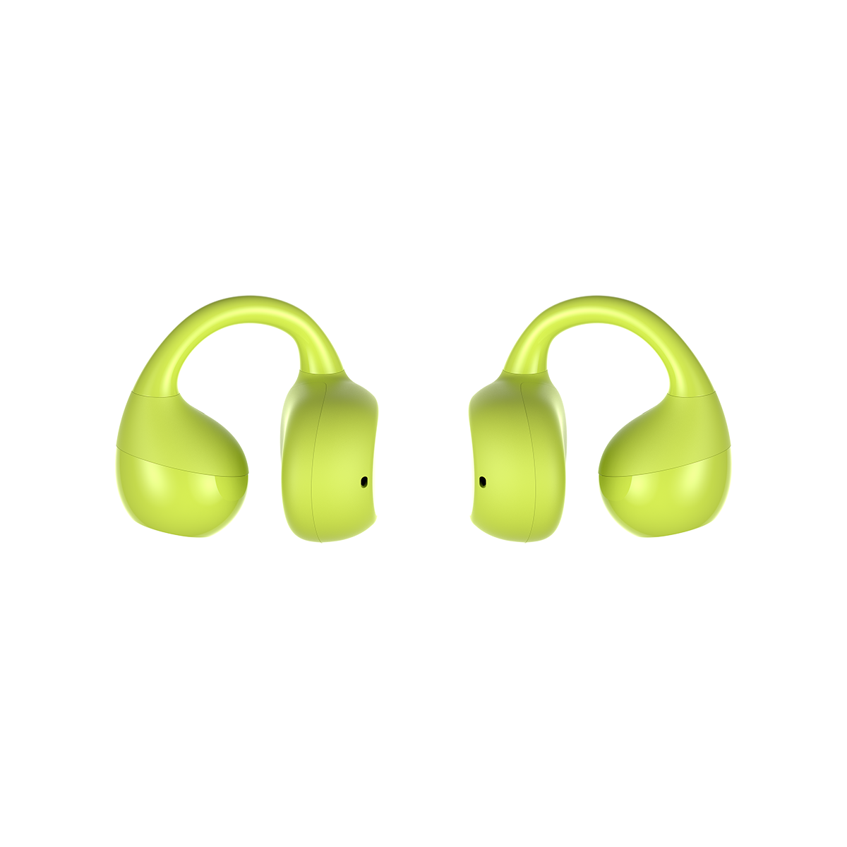 Dwa limonkowo-zielone słuchawki bezprzewodowe na białym tle. Każdy ma zakrzywioną górę i zaokrągloną wkładkę douszną.