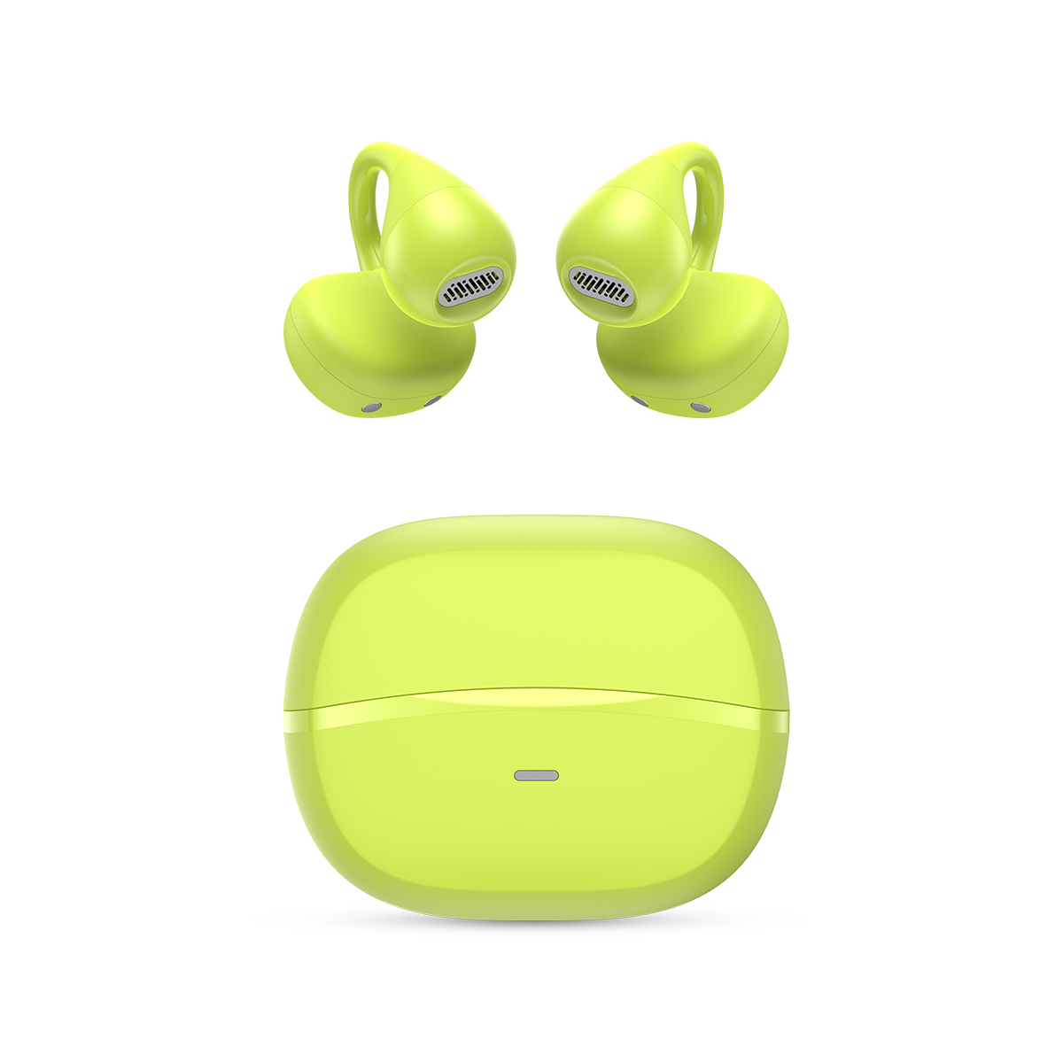 Limonkowo-zielone bezprzewodowe słuchawki i etui ładujące na białym tle. Słuchawki nad etui.