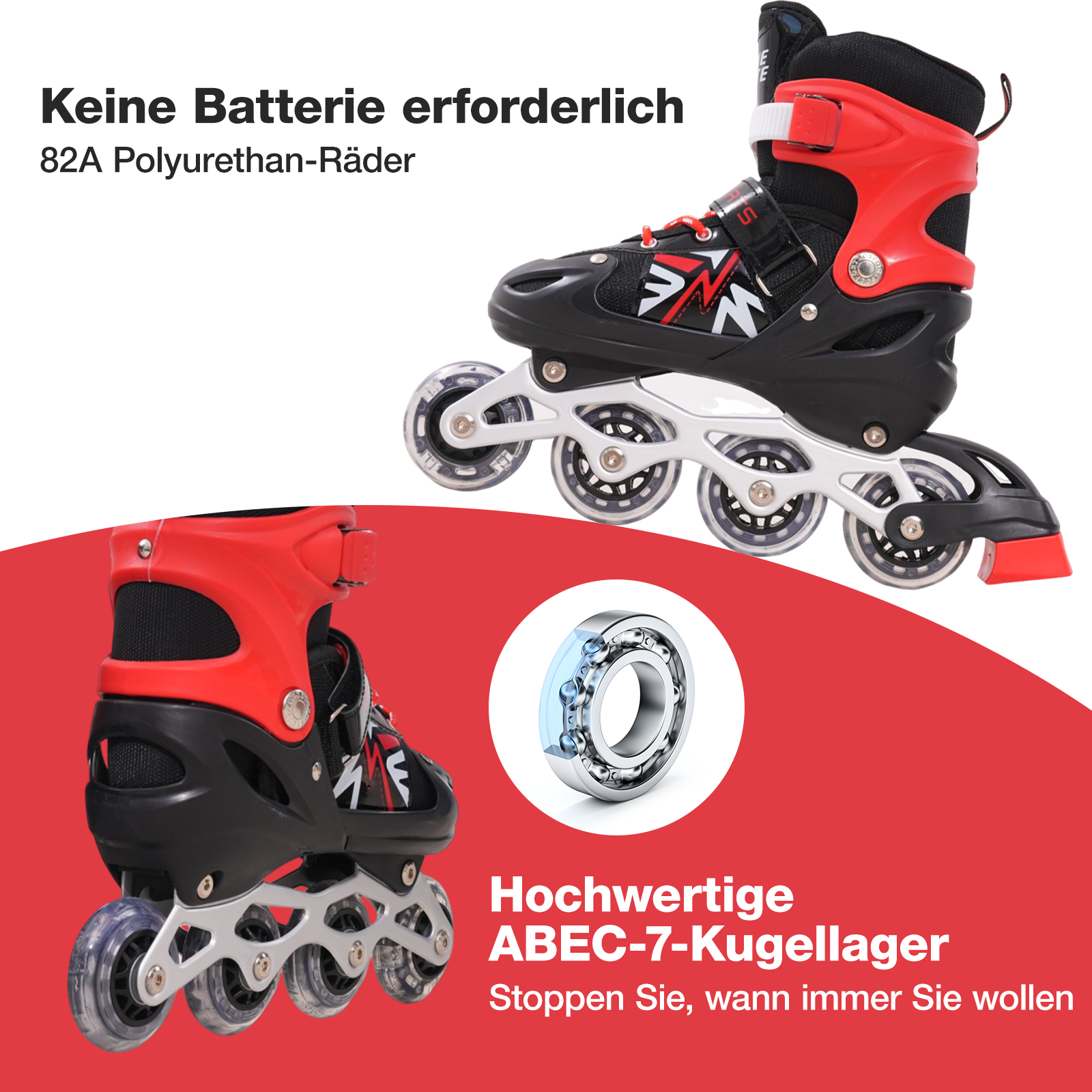 Das Bild zeigt Inline-Skates mit roten und schwarzen Akzenten. ABEC-7-Kugellager werden angezeigt. Text sagt: Keine Batterie erforderlich.