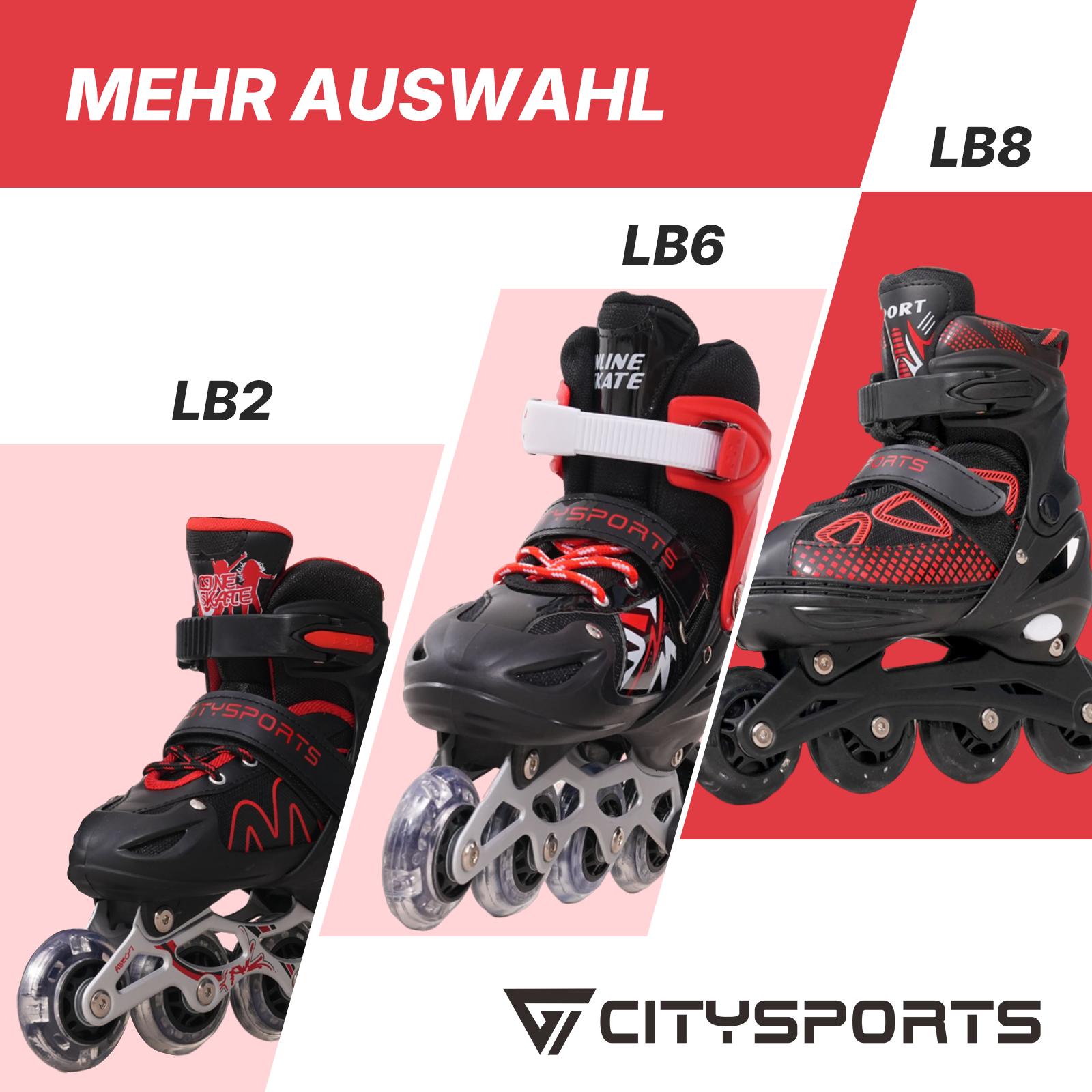 Das Bild zeigt drei Inline-Skates: LB2, LB6 und LB8. Die Skates sind schwarz und rot, mit dem Markennamen Citysports unten.