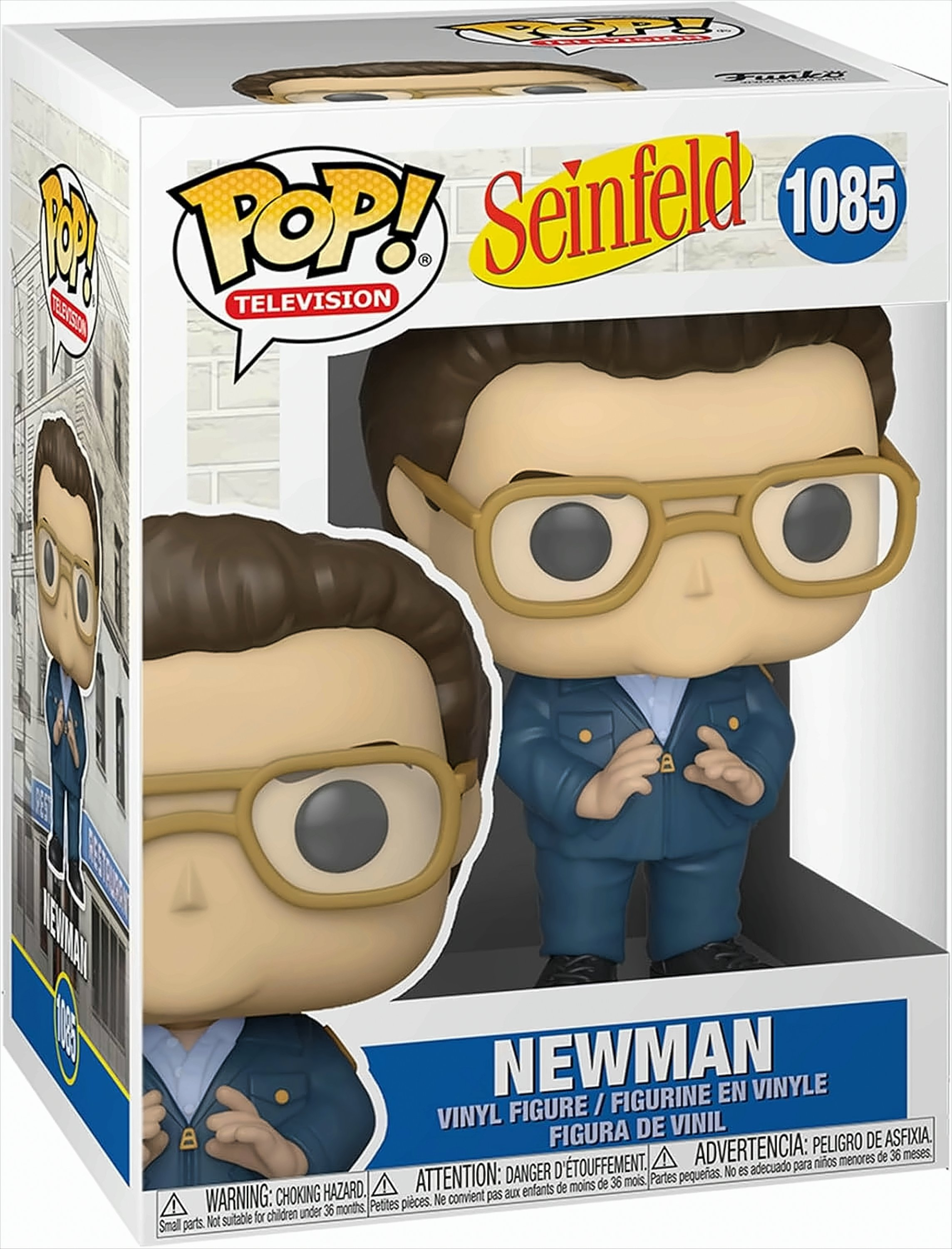 Una caja Funko Pop con Newman de Seinfeld. La figura lleva un uniforme azul y gafas. La caja dice 'Seinfeld'.