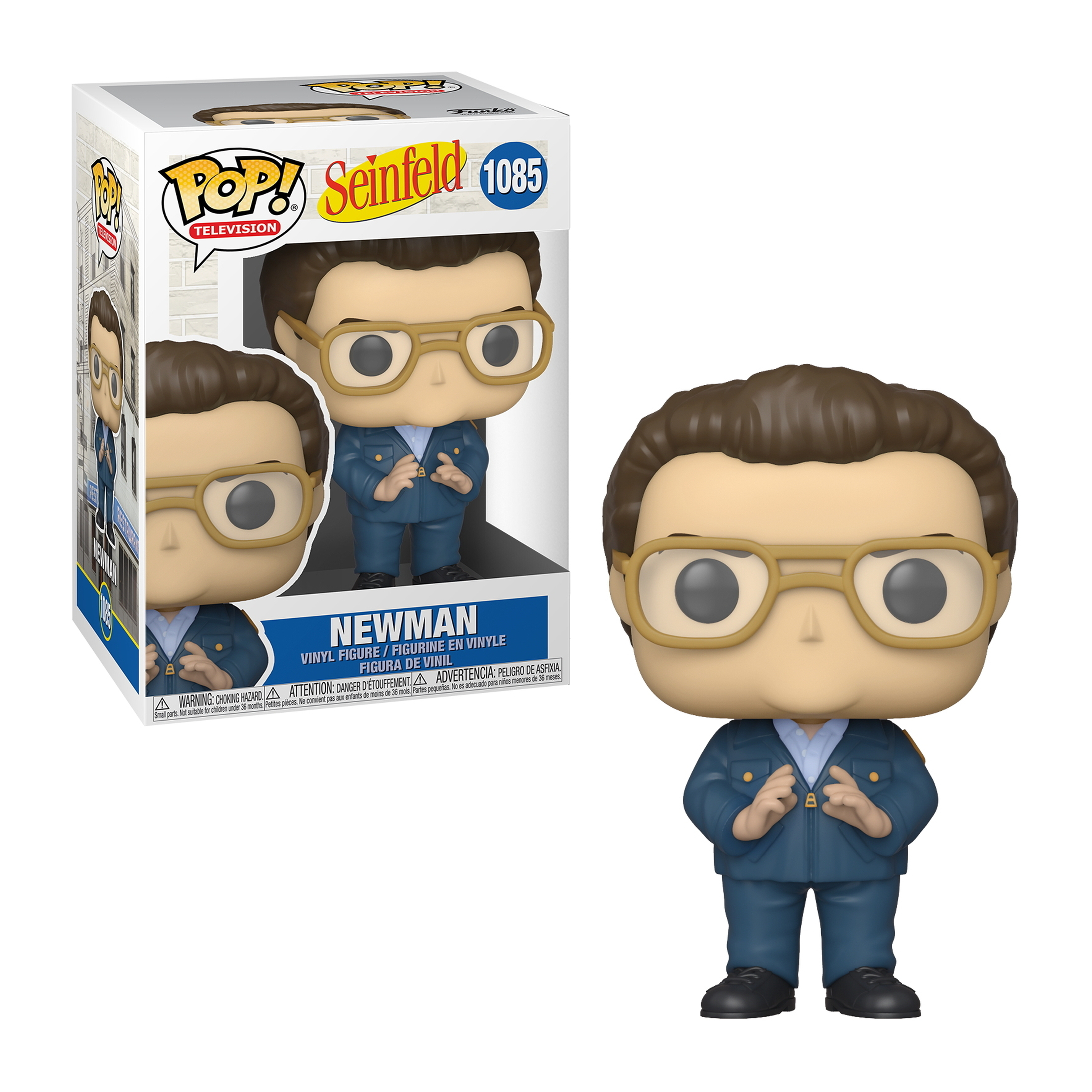 Se muestra una figura de Funko Pop de Newman y su caja. Newman viste un uniforme azul y gafas.