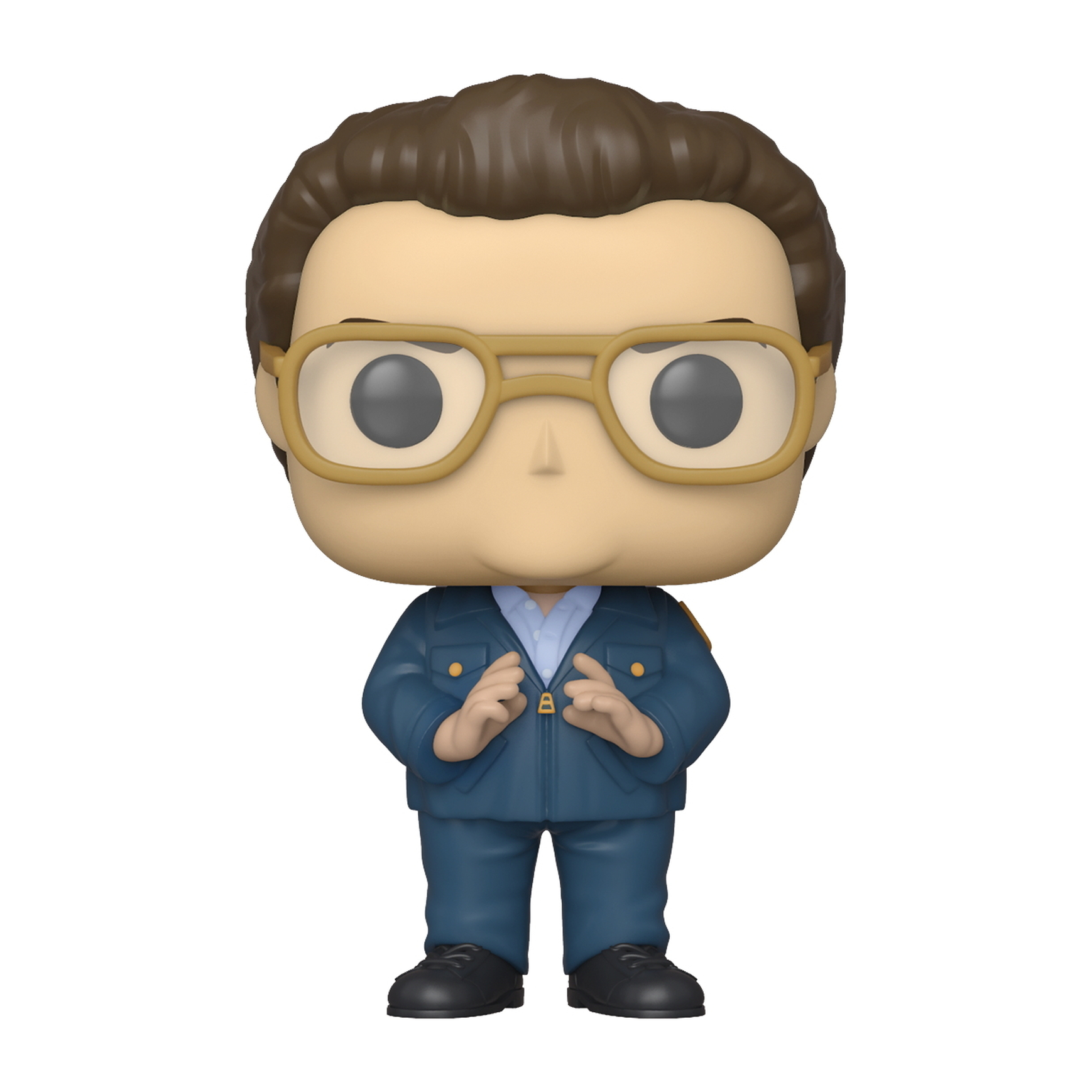 Una figura de Funko Pop. Es un hombre con gafas y uniforme azul. Tiene pelo castaño y está sonriendo.