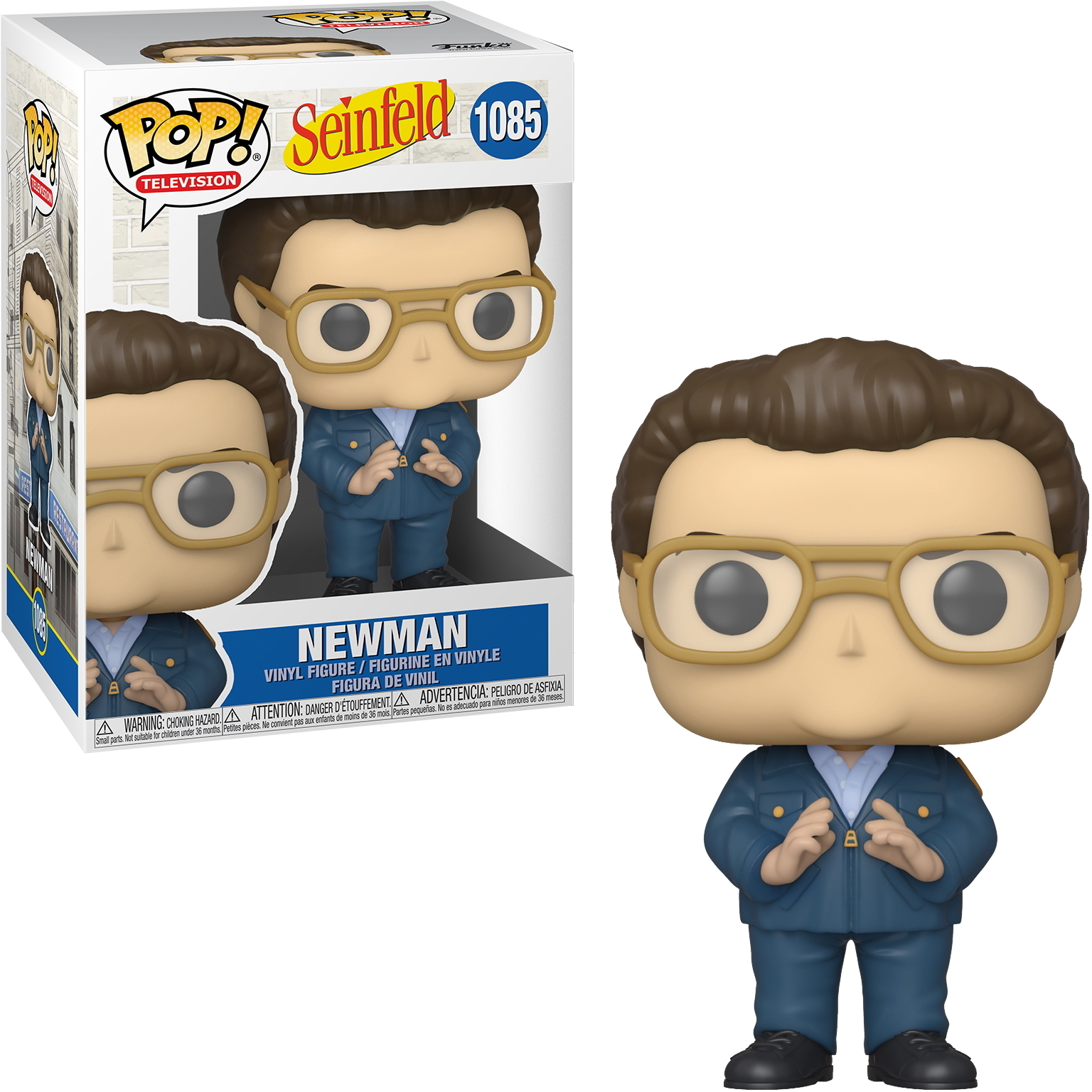 Figura de Funko Pop de Newman. Lleva gafas, uniforme azul y camisa celeste. La caja muestra la figura y el logo de Seinfeld.
