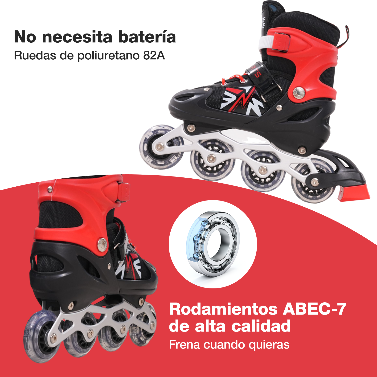Patines en línea rojos y negros. Texto: No necesita batería, ruedas de poliuretano, rodamientos ABEC-7, alta calidad.