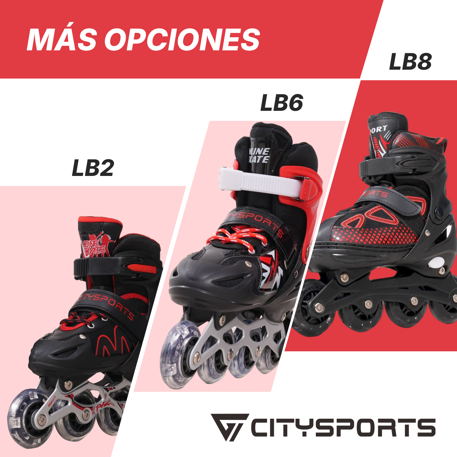 La imagen muestra tres patines en línea: LB2, LB6 y LB8. Son negros y rojos, con ruedas visibles y el logotipo de CitySports.