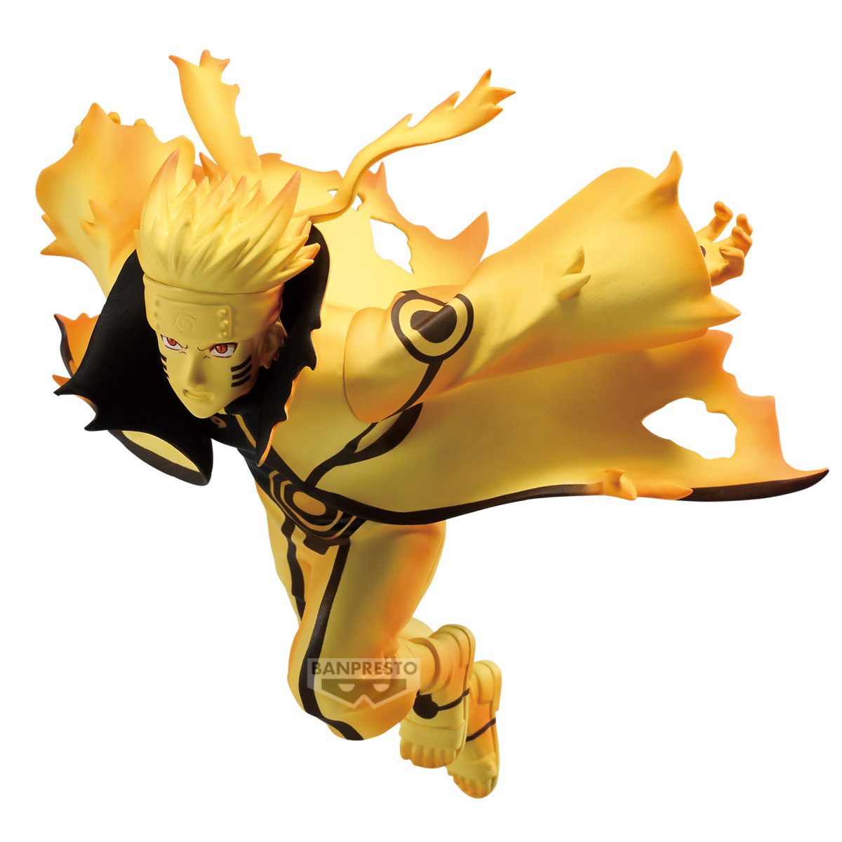 Una statuetta di Naruto in posa dinamica. Giallo con segni neri, colletto nero e occhi rossi. La figura sembra volare.